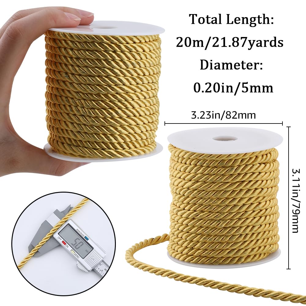 GORGECRAFT 20m*5mm Twisting Cord Trim Polyester Twist Silk Rope Twine Decorative Braided Cording Thread String Ribbon for Home Decor Curtain Tieback Upholstery Honor Cord Sewing Crafting Gold - Image 2