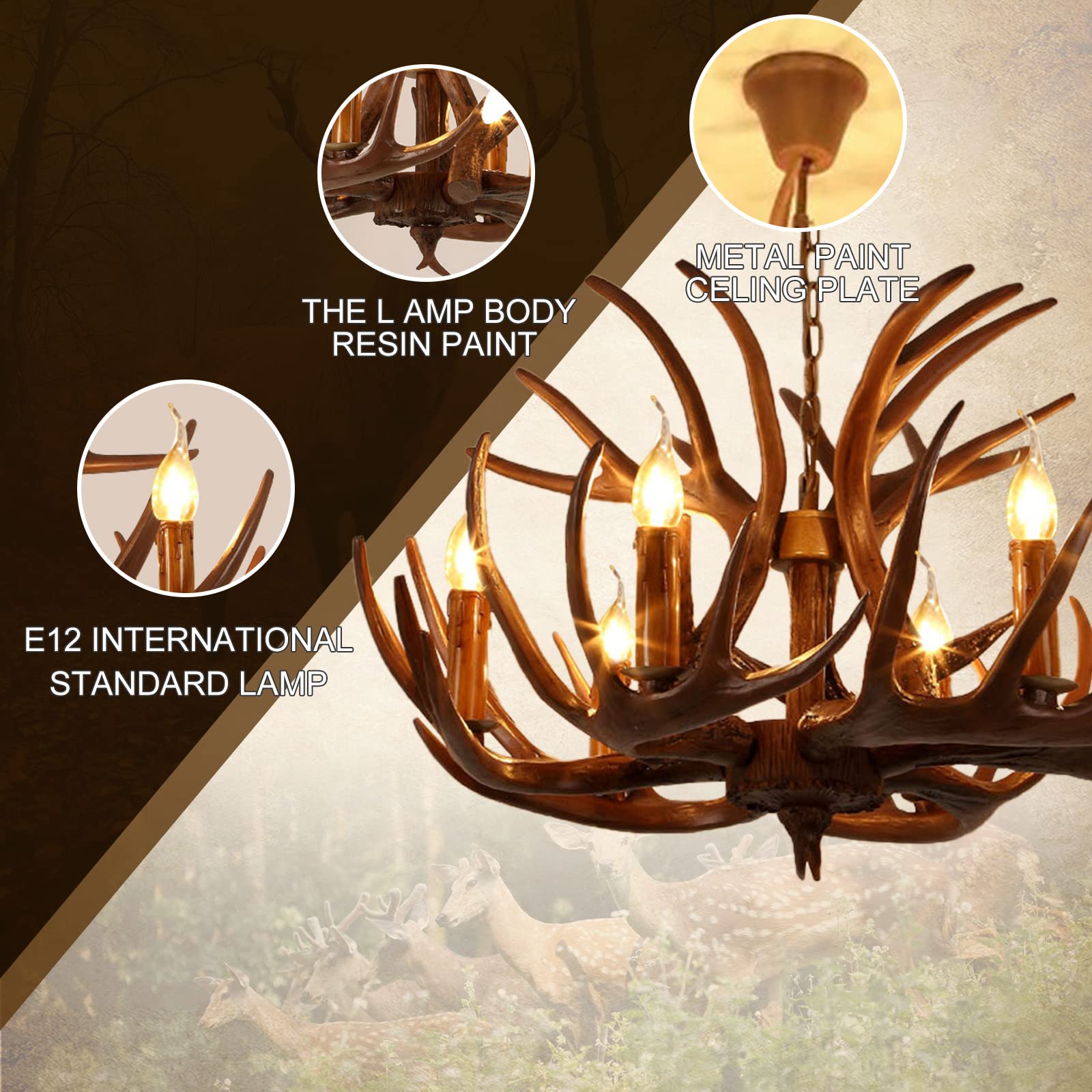 Lámpara Araña de Astas Vintage, 6 Luces Estilo Rústico para Comedor,A,B