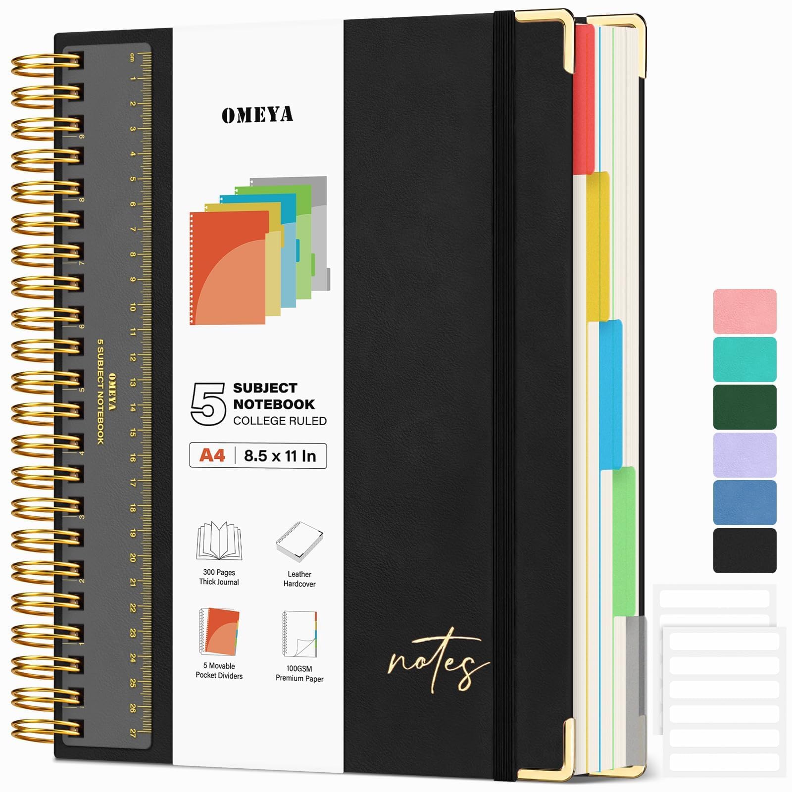 Carnet à spirale à couverture rigide de 21,6 x 27,9 cm : cuir ligné avec intercalaires de poche et règle, 300 pages 100 g/m² épais pour femme, grand carnet ligné A4 pour le travail et l'école