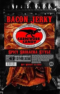 JURASSIC JERKY’S Carnivore Carnivore Candy Bacon Jerky - Spicy Sriracha Flavor - Single Pack - (1) 2 oz bag