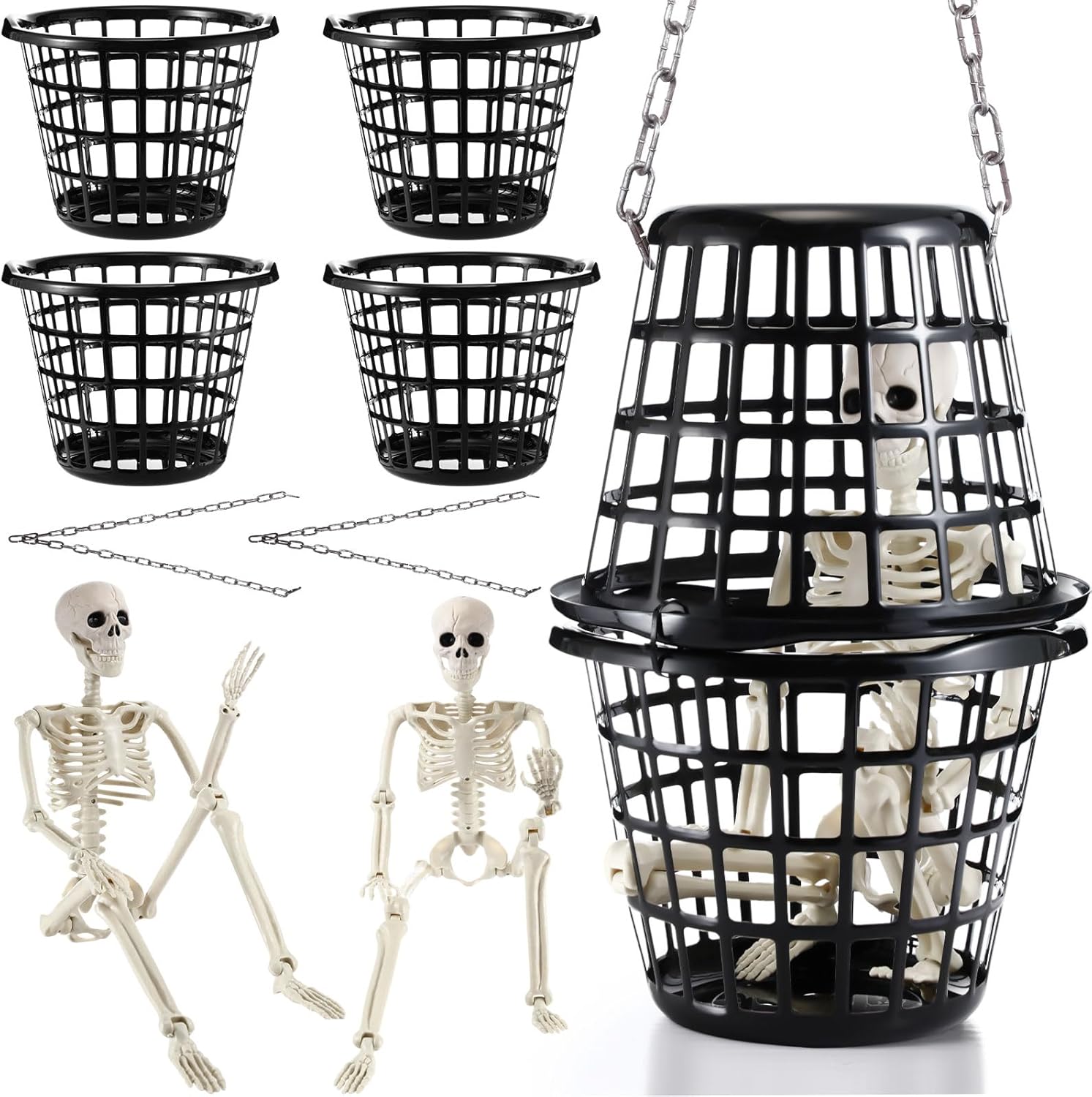 Meooeck Set of 2 Halloween Skeleton Decorations in Baskets 36in/3ft Plastic Full Body Skeleton with Hanging Chains for Halloween Spooky Party Favors Indoor Outdoor Decorations