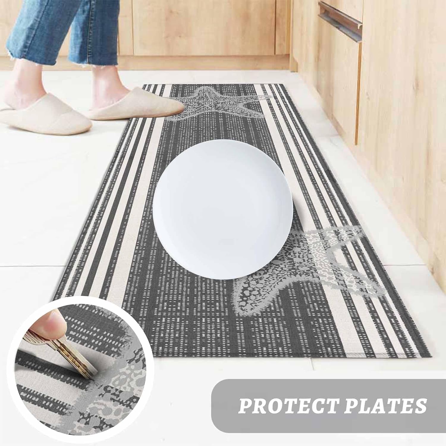 Teamery Kitchen Mats for Floor Gray Starfish Summer Nautical Washable Non Slip Kitchen Rugs 1PCS, Modern Abstract Stripes Absorbent Standing Mats for Sink Bathroom Office Living Room 15.7x47.2in