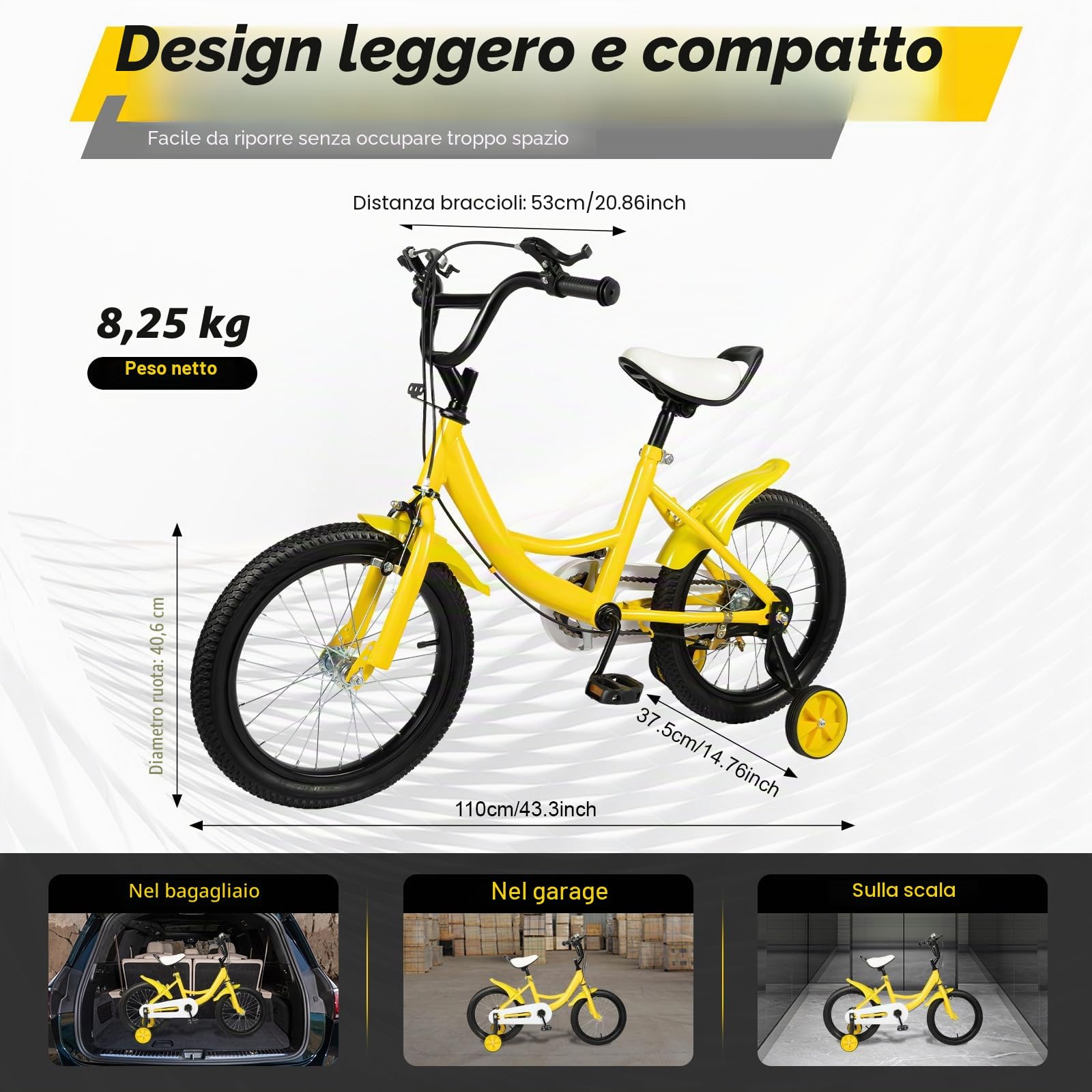 Bicicletta per bambini da 16 pollici, bicicletta per bambini per ragazzi e ragazze con ruote stabilizzatrici neutre con stabilizzatori rimovibili, giallo