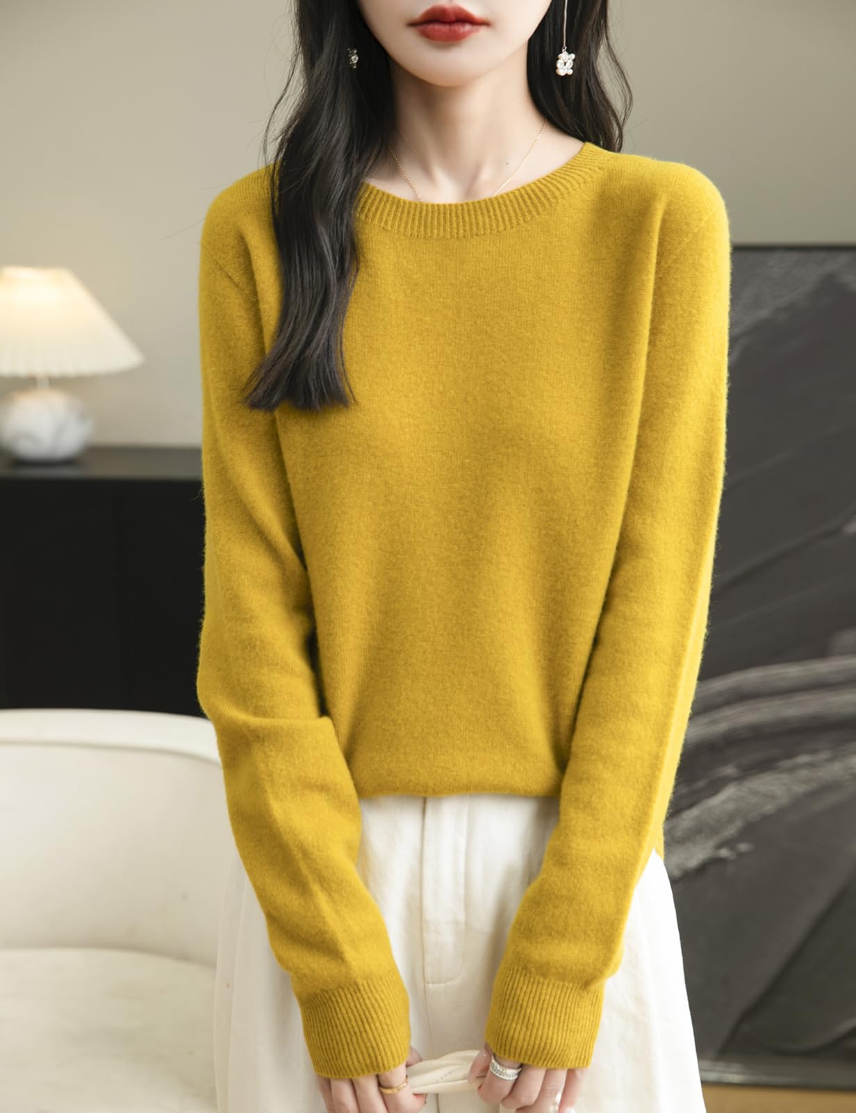 Chanyarn Mujer Jersey de Cuello Redondo 100% Lana Merino 2024 Suéter de Punto Sin Costuras de Manga Larga