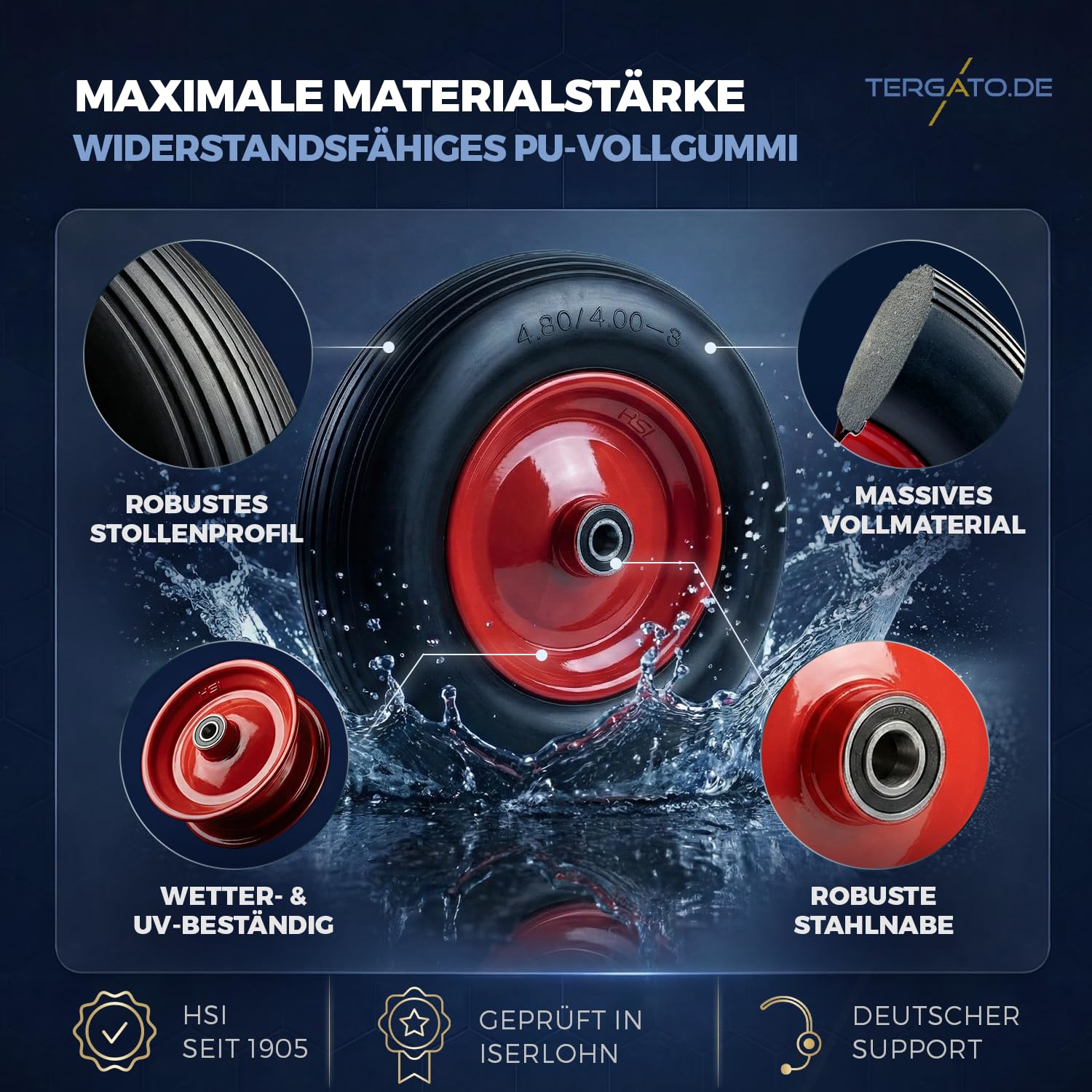 Schubkarrenrad Pannensicher 4.80/4.00-8 von Tergato – Unplattbar 400mm Ersatzrad für Schubkarre, PU Vollgummireifen, Stahlfelge Rot, Kugellager, 150kg Belastbar, Schubkarren Reifen