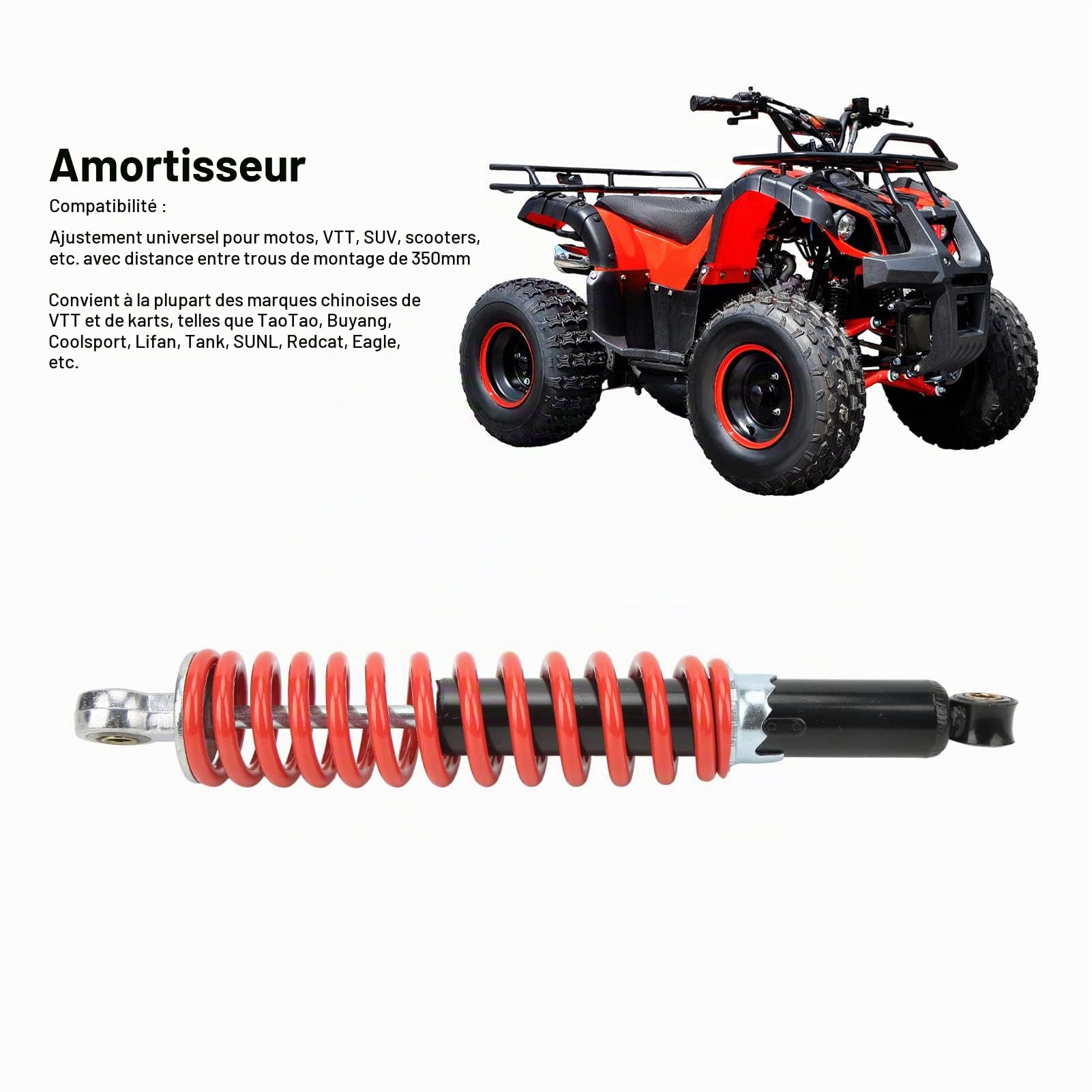 Amortisseur Avant, 5 Positions Réglage Ressort 8mm Haute Performance Suspension Réglable Entraxe 350mm pour Quad ATV Karting Dirt Pit Bike
