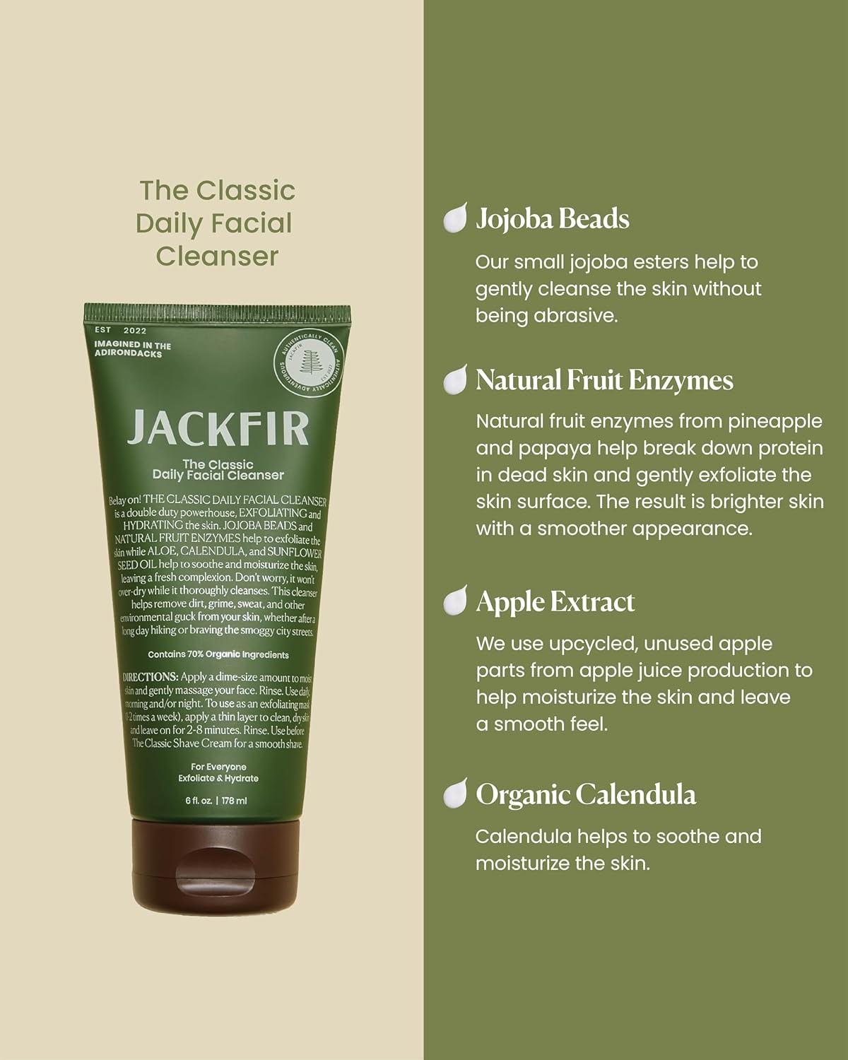 Jackfir The Classic Daily Facial Cleanser, Natural Face Wash for Men, Exfoliate and Hydrate - Jojoba Beads and Fruit Enyzmes, EWG Verified, Organic Ingredients, For All Skin Types, 6 Fl Oz - Image 2
