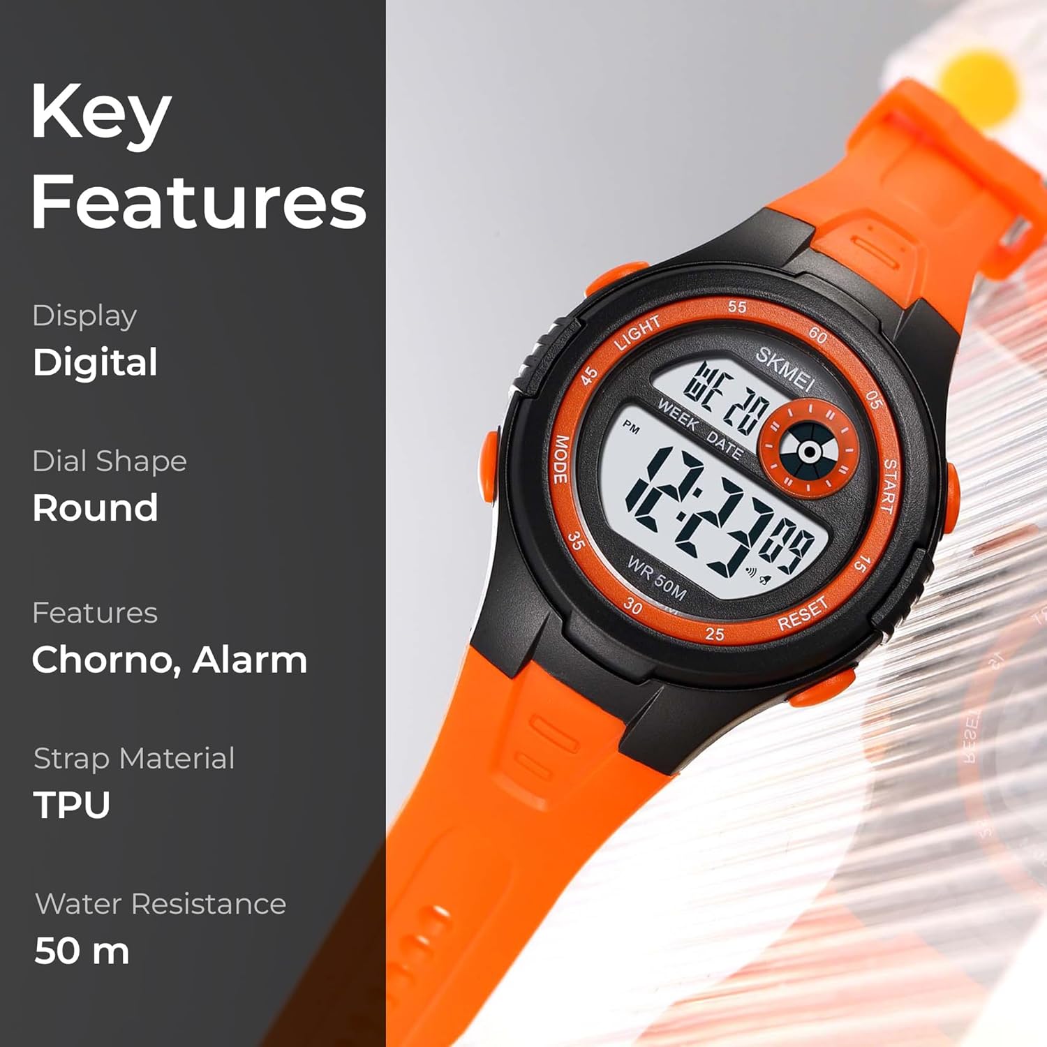Key features of SKMEI Digital Kids Watch including digital display, chronograph, alarm, TPU strap, and 50m water resistance