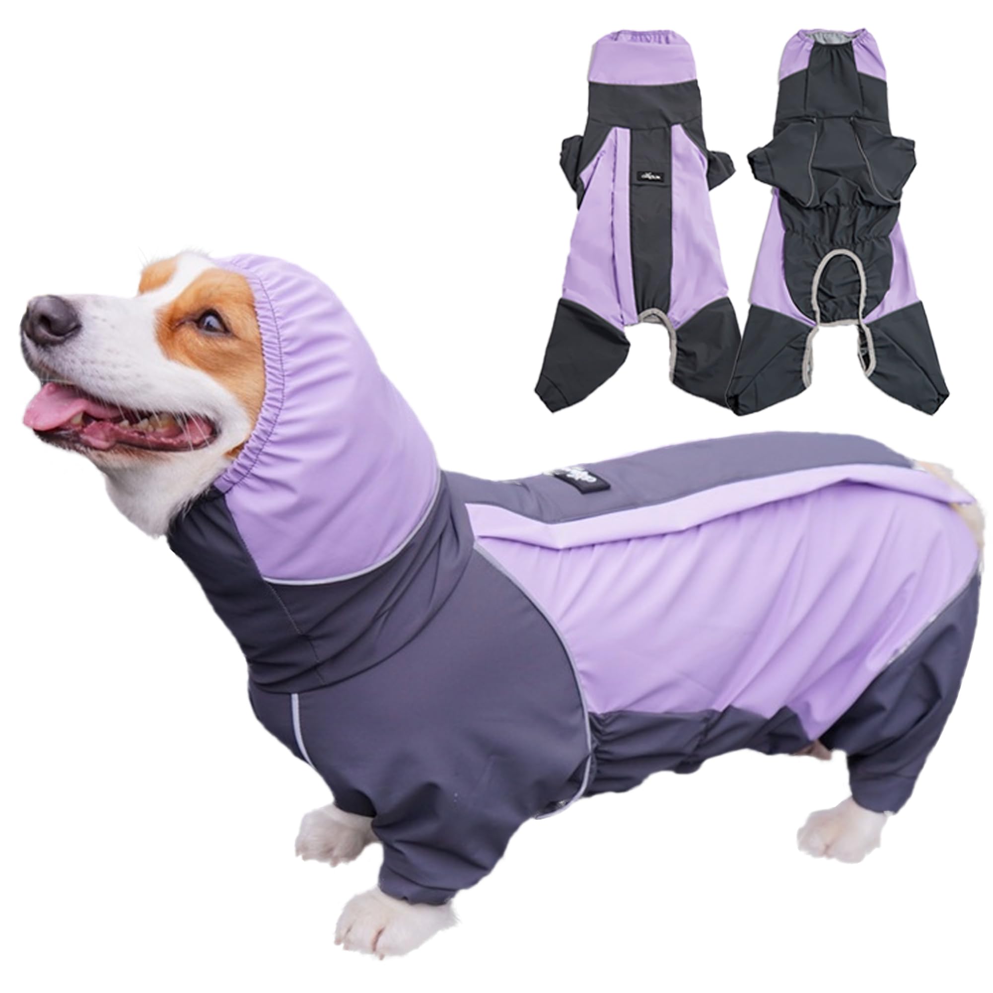 Dog Raincoat Waterproof Rain Jacket for Small Medium Dogs Corgi, Windproof 4-Legs Doggy Poncho with Hood,Lightweight Pet Hoodie with Leash Hole, Rain Coat Rainwear Clothes Wet Weather (Purple, 3XL)