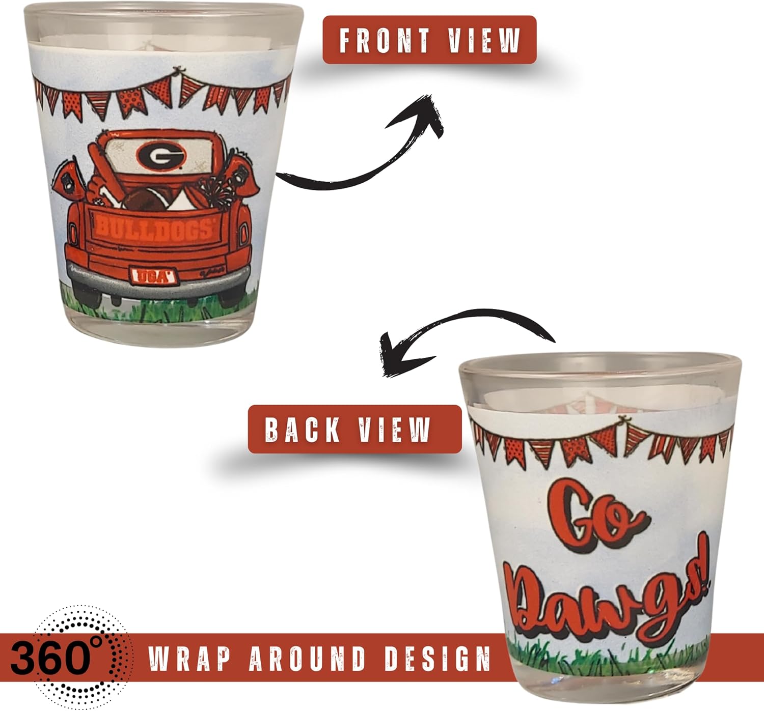 Game Day Outfitters Georgia Bulldogs Set of 4 Shot Glasses Unique Pick-Up Truck Team Cheer 360° Artwork | Round 1.5 oz Clear Glass | For Alumni, Student, Fraternity, and Resident Fans Gift Idea