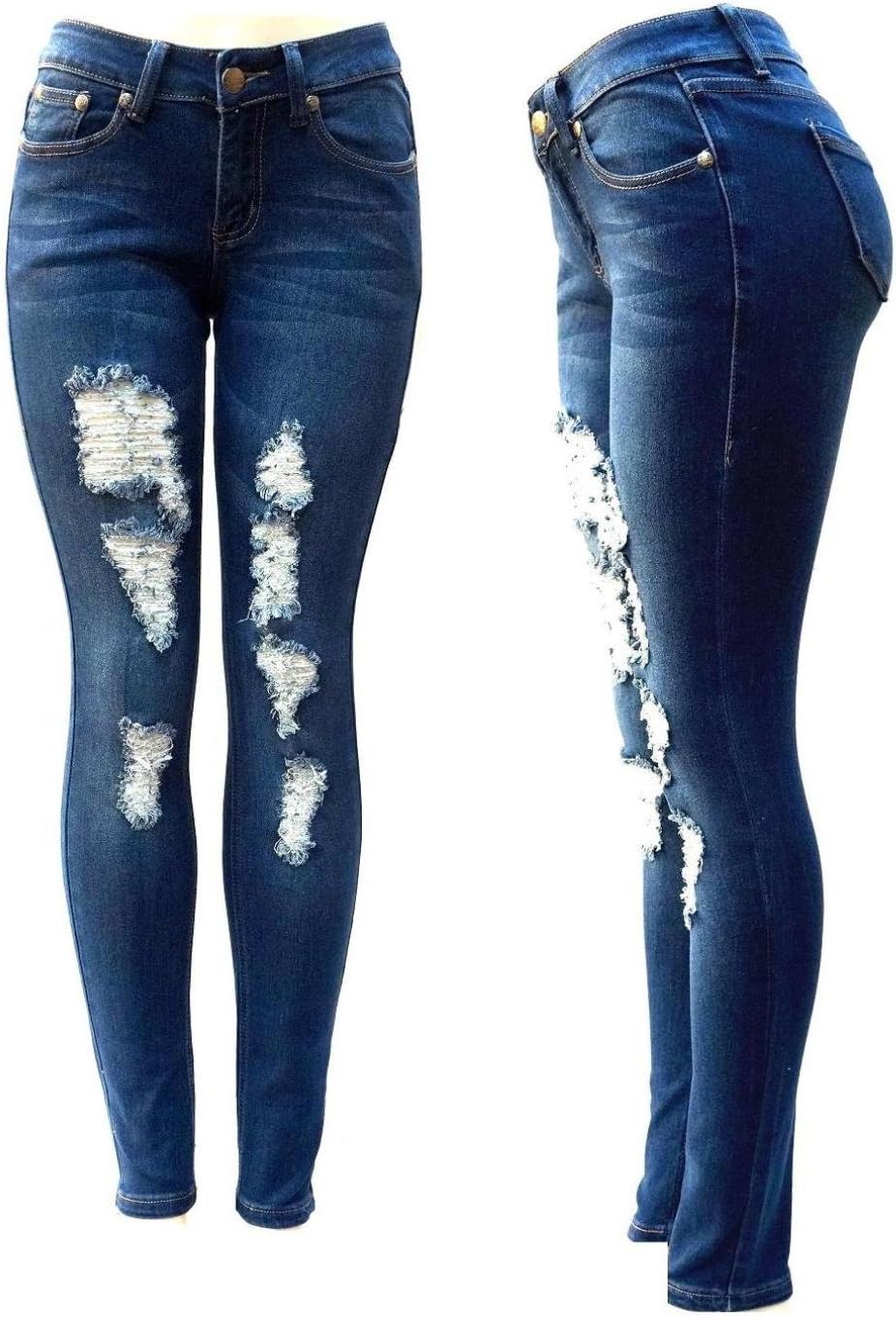 Jack David Womens Distressed Denim Jeans Ripped Blue Skinny Destroy Stretch Jean Pants (1, Jack David JD-R65B- Blue) - Image 6