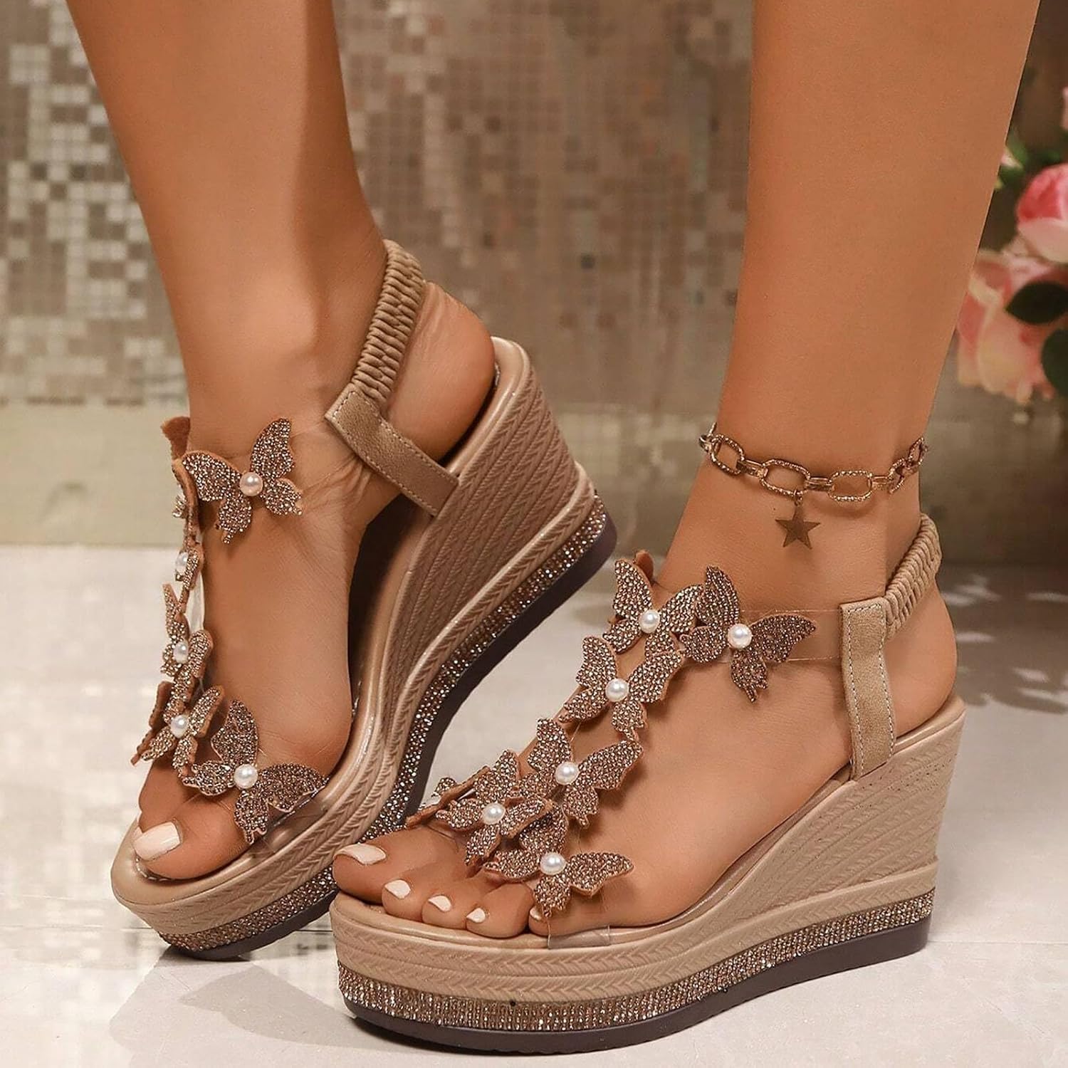 Eynuo Women's High Heel Wedge Sandals Platform Fashionable Butterfly Decoration Rhinestones Cute Slides Sandals Platform Elastic Strap Boho Summer