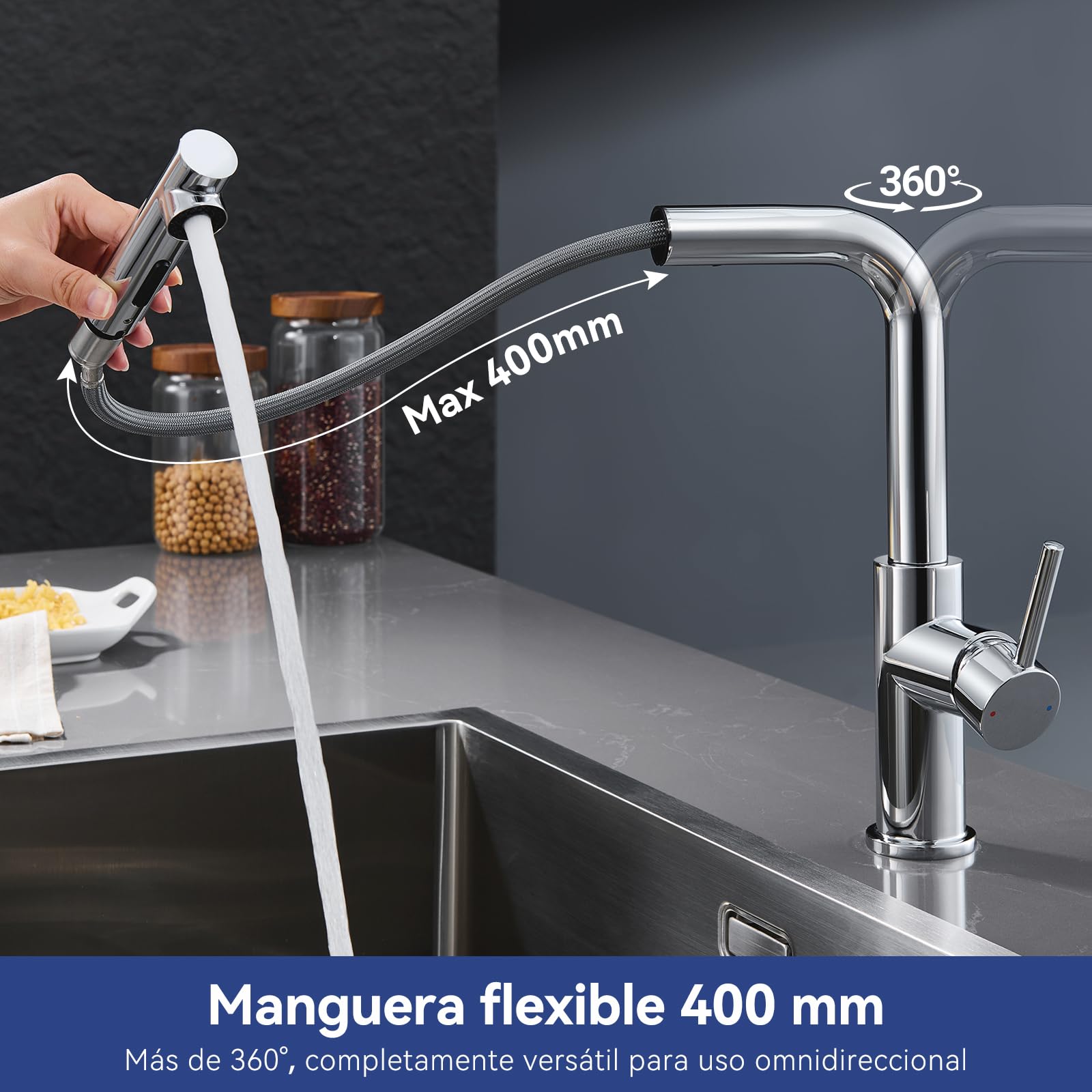 Rubinetto Lavello Cucina Cromo, Rubinetto Cucina Con Doccetta Estraibile, Miscelatore Cucina Con Due Tipi Di Getto D'acqua, Rubinetti Cucina In Acciaio Inossidabile Spazzolato