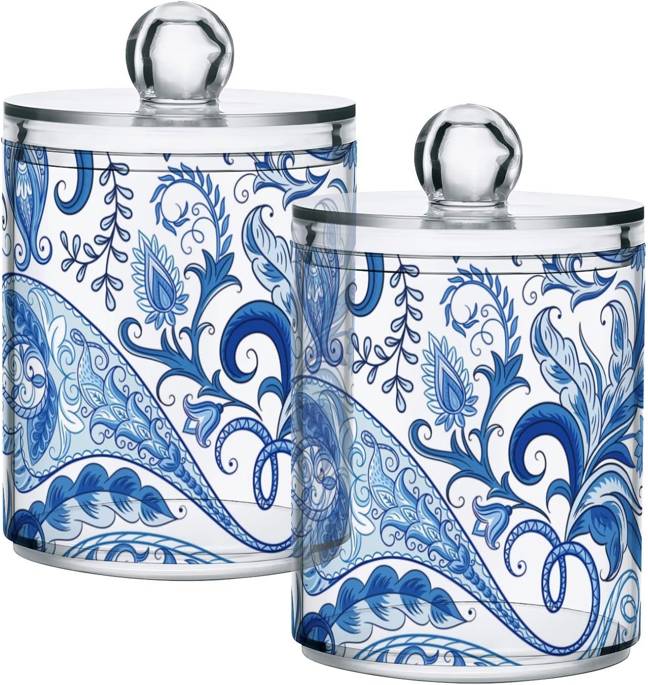 Qtip Holder Bathroom Set Q tip Cotton Ball Swab Pad Dispenser Container Organizer Plastic Jars with Lids Storage 2Pack Blue White Floral