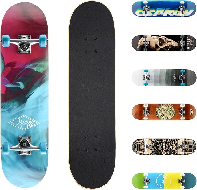 Osprey Complete Skateboard, 31" x 8" Double Kick Skateboard For Kids and Adults, Concave Deck, Includes Grip Tape, Deck and Wheels, Multiple Designs