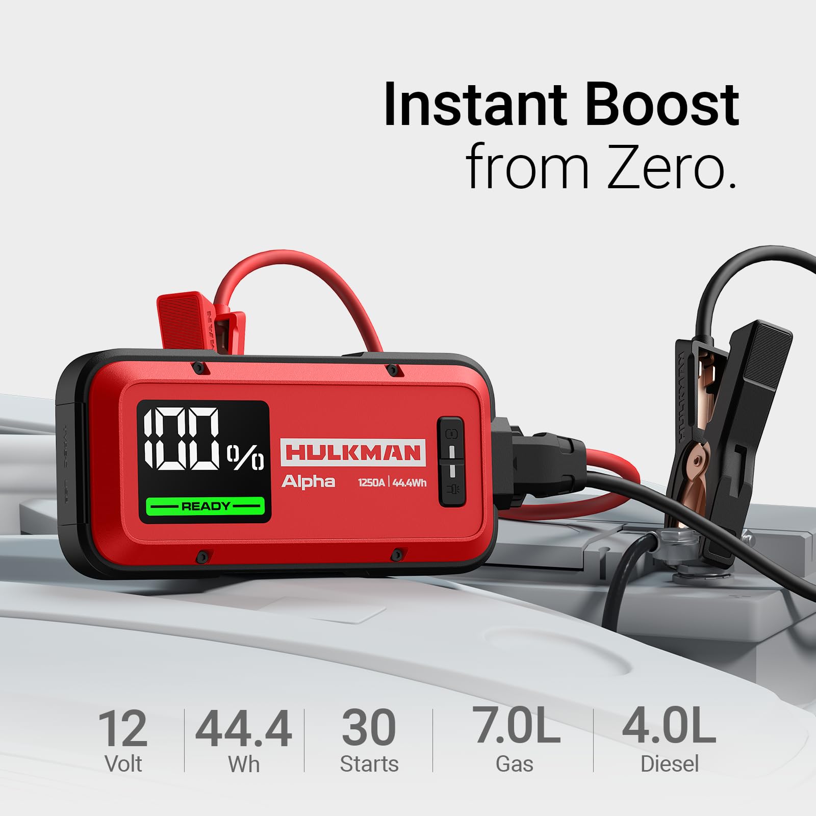 HULKMAN Alpha Ultra Red, Avviatore di Batteria Portatile 1250A 44.4Wh, Jump Starter 12V per Auto Moderne con Cavi, per Motori Benzina 7.0L / Diesel 4.0L, Grado di Protezione IP65, Ampio Schermo LED