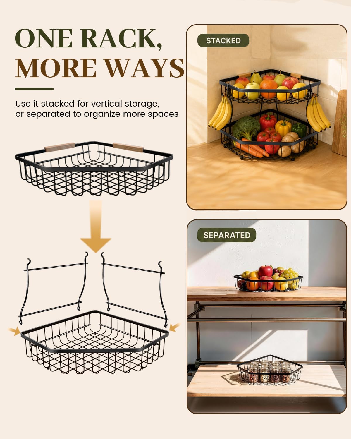 2 Tier Fruit Basket for Kitchen Counter, Corner Organizer, Black image 5