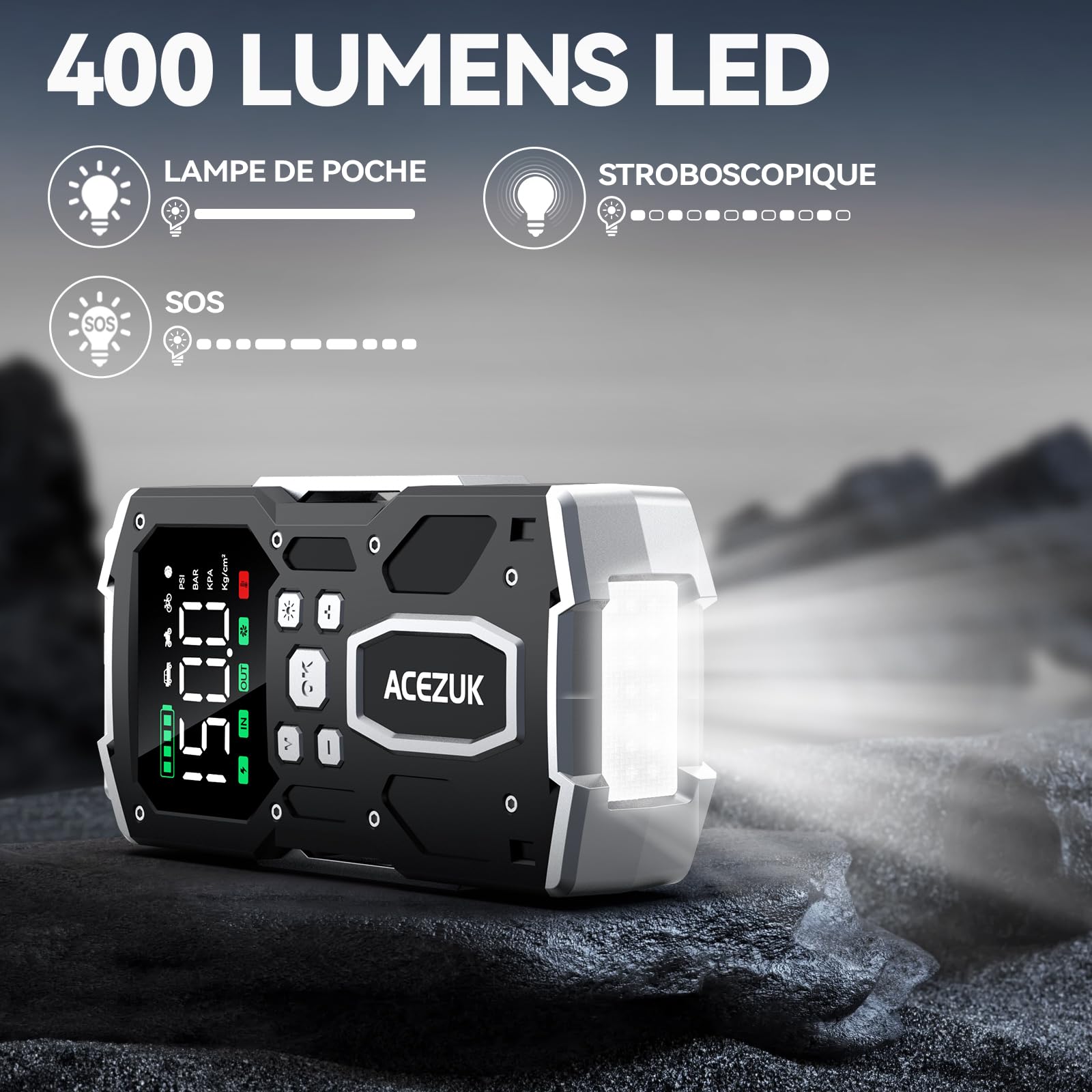 ACEZUK - Arrancador de batería de Coche con compresor de Aire, 4000 A, inflador de neumáticos de 150 PSI, 26 800 mAh, 12 V, para Coche de Gasolina o diésel de 10 L, led de 4000 lúmenes