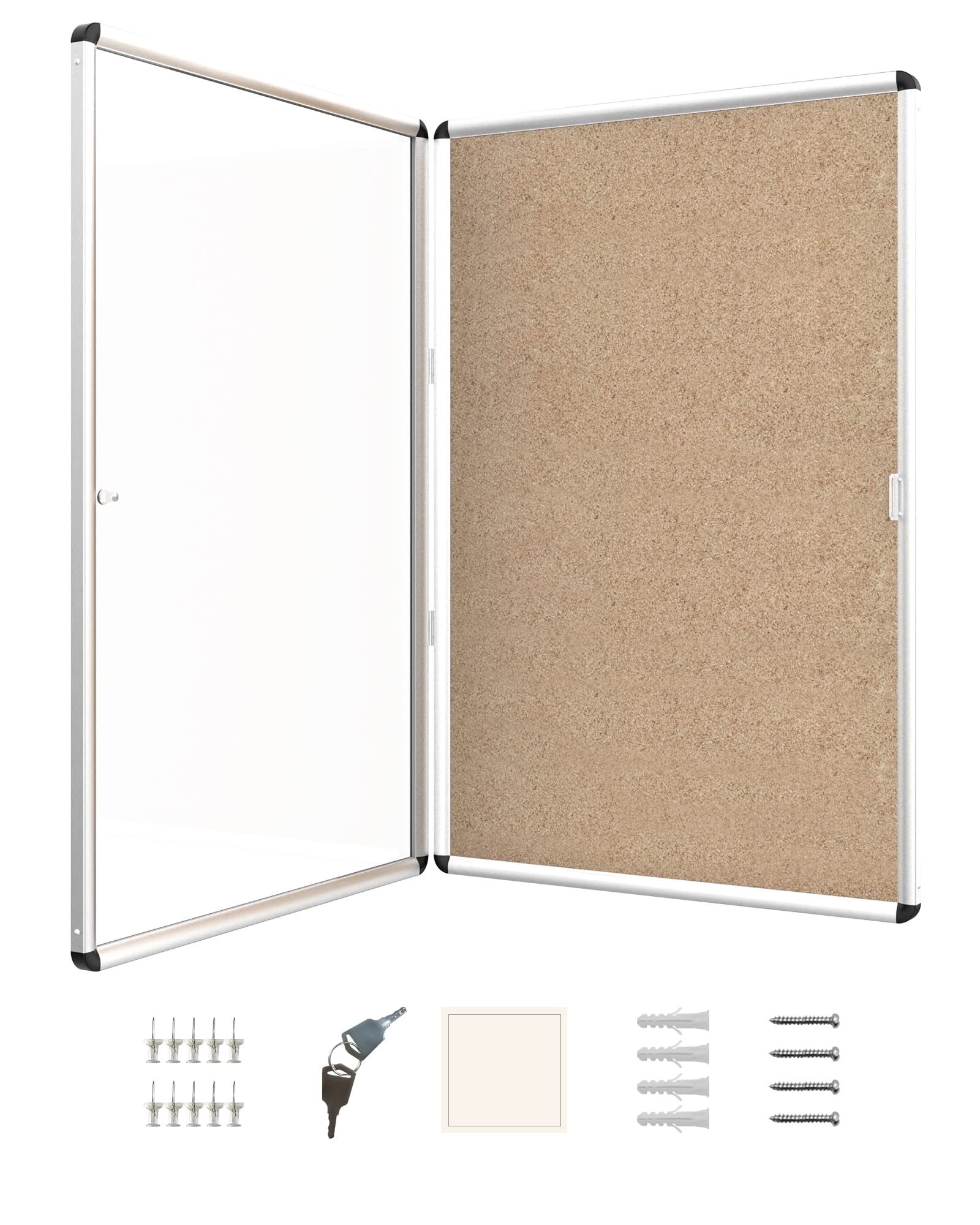 36” x 24” Enclosed Cork Bulletin Board, Secure Wall-Mounted Noticeboard w/Lock, Silver Aluminum Frame, Clear Acrylic Swing Doors, Ideal Display Solution for School, Office, Commercial Space, Hospital