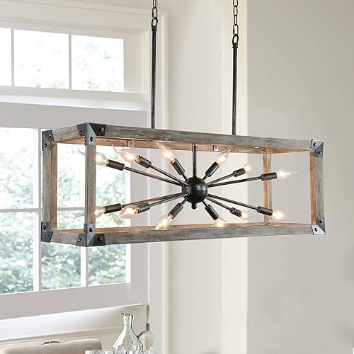 Candelabros de casa de campo con 12 luces mejoradas para comedor, 34.7 pulgadas, rectangulares, grandes, de madera y metal negro, Sputnik Lineal