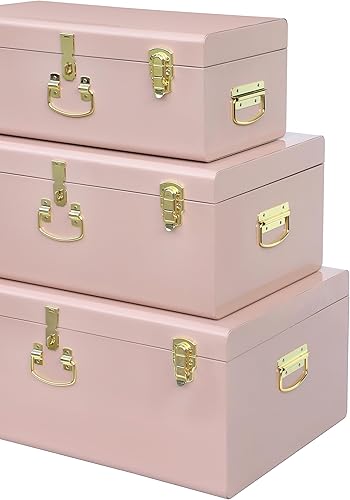 Miniatura 115 de Vixdonos Juego de 2 baúles decorativos de almacenamiento de caja de metal con asa (blanco con cierres de bronce) Blanco con cierres de bronce,Beige