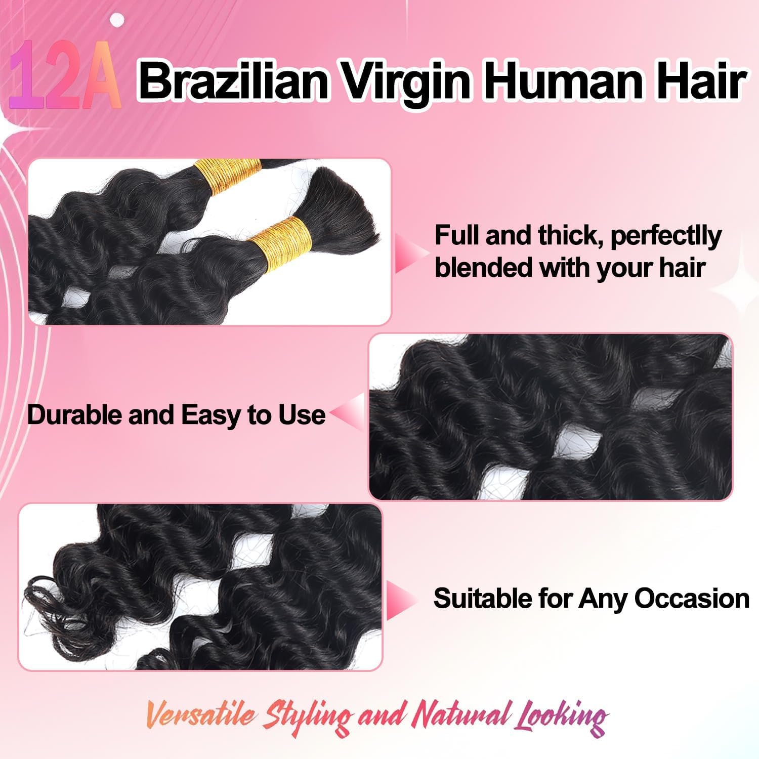Cabello trenzado humano para trenzas bohemias, 100 g, 40 cm, 2 paquetes de extensiones sin broche, color negro, para trenzas bohemias, sin mechones, extensiones de agua profunda a granel, cabello