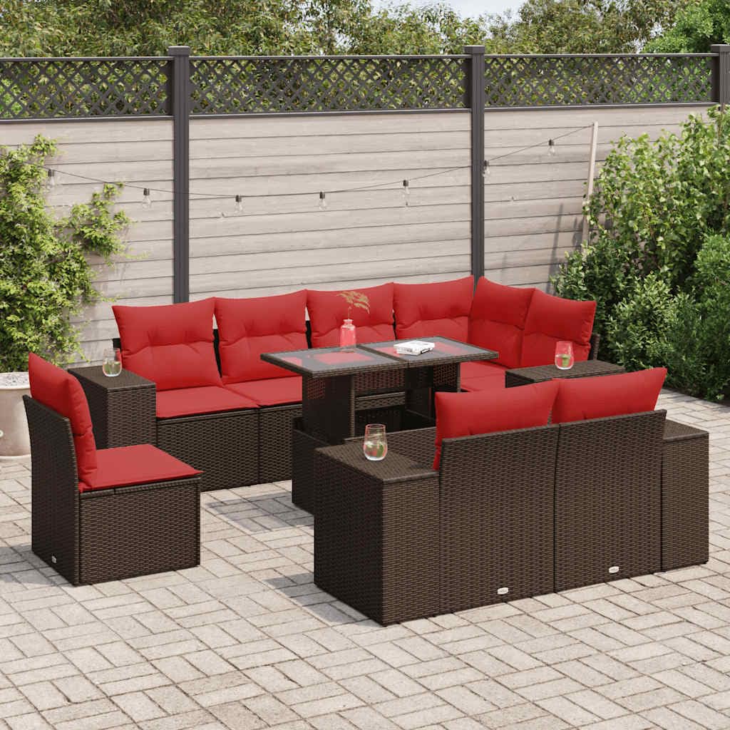 Set di mobili da giardino modulari in polyrattan marrone da 9 pezzi, con cuscini e vano portaoggetti borsa impermeabile, rivestimenti lavabili rimovibili