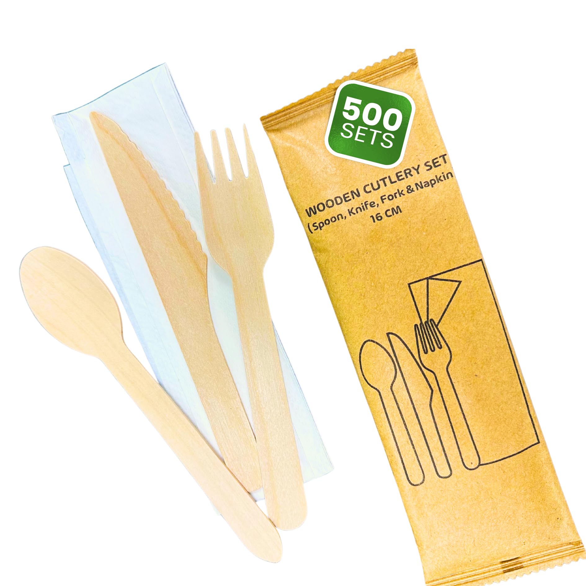 DISPOSABLE GREEN® | Individual Wrapped Wooden Compostable Cutlery Set, Each Set Includes 16cm Long Fork, Knife, Spoon and a Napkin- 500 Sets