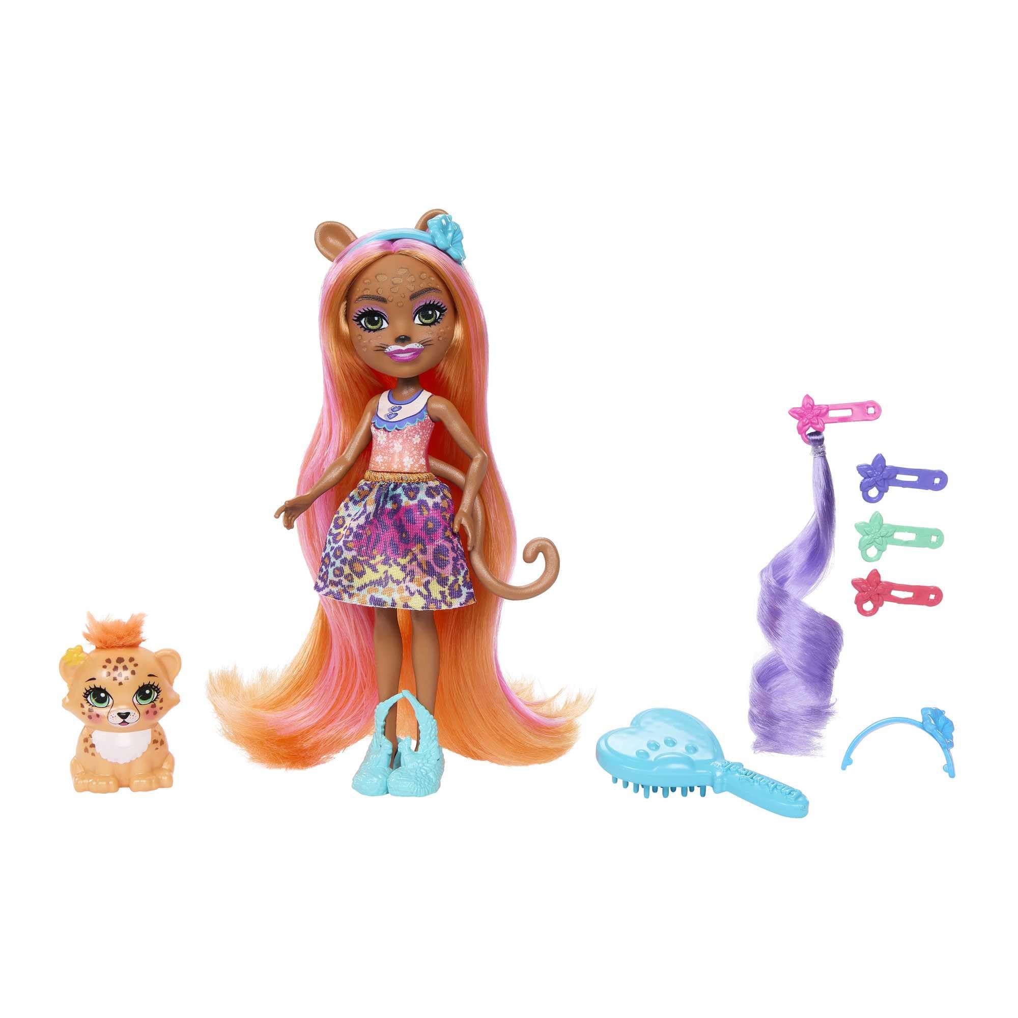 Enchantimals Glam Party Deluxe Hair - Puppe mit Zemirah Zebra, Gillian Giraffe oder Charisse Cheetah mit superlangem Haar und 5 Haarspiel-Accessoires, für Kinder ab 4 Jahren, HNV30