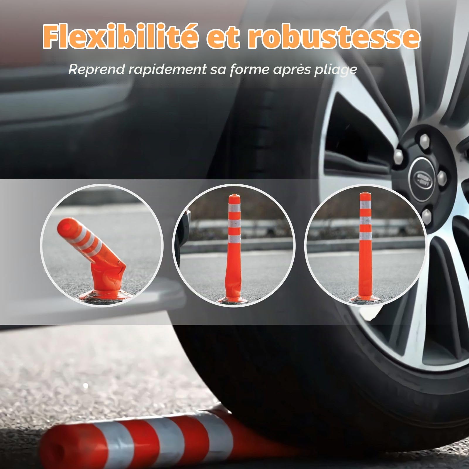 Lot de 4 poteaux de marquage de 75 cm - Portables - Orange - Avec anneaux réfléchissants - Pour la construction de routes, la sécurité du parking et le contrôle de la circulation