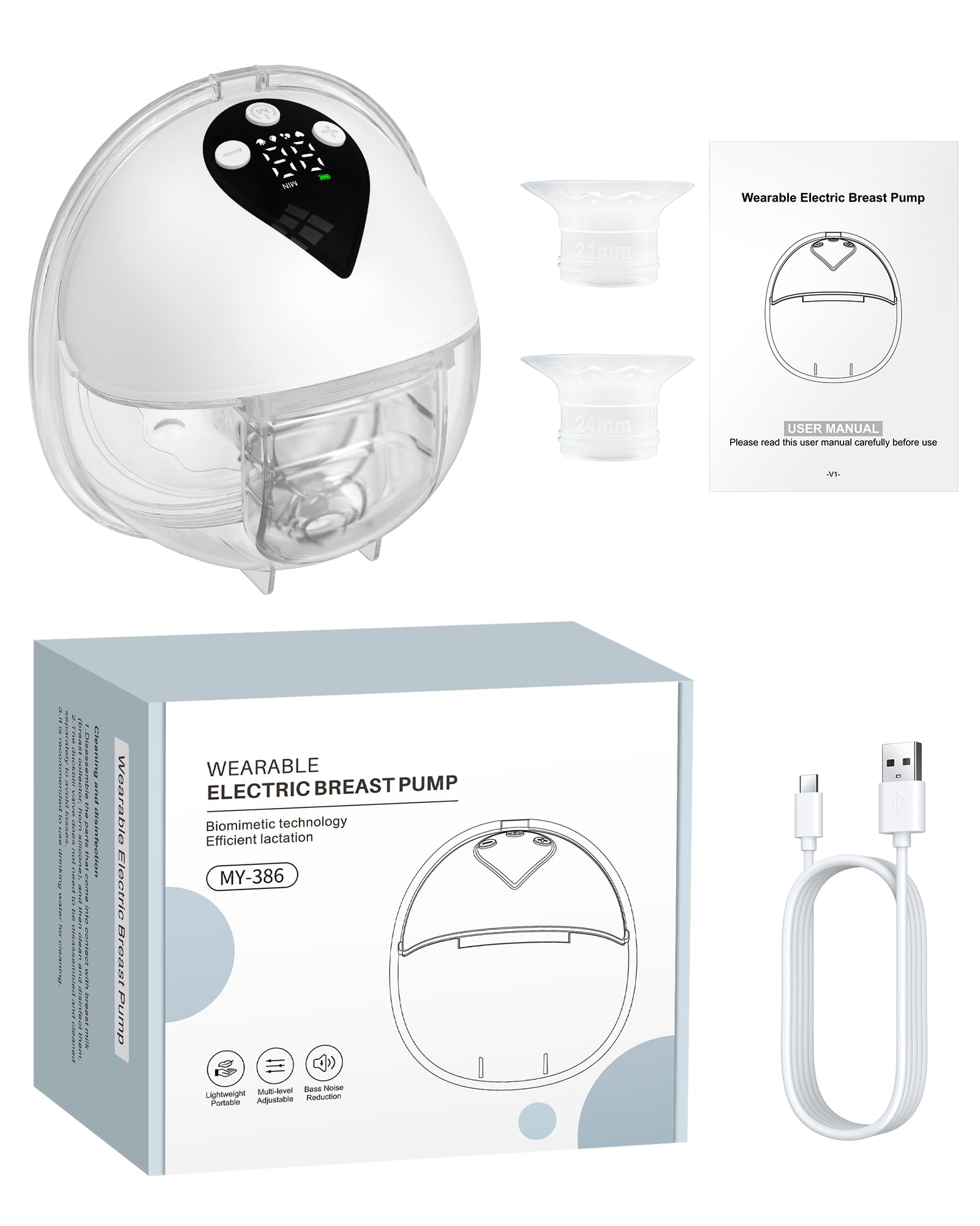 eSynic 1PZ Tiralatte Elettrico Senza Mani con Flangia 27/24/21mm, 4 Modalità & 12 Livelli di Intensità, 150ML Tiralatte Indossabile con Batteria Ricaricabile e Display LED, Auto Spento Dopo 20 Minuti
