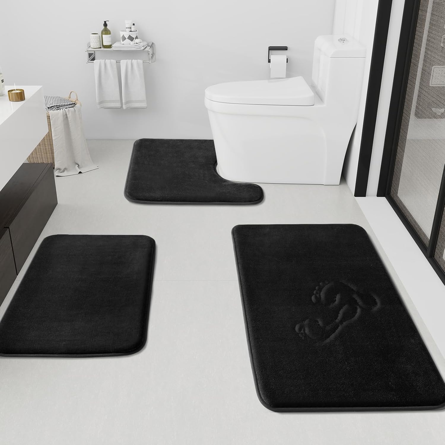 HUXMEYSON Bathroom Rugs Sets 3 Piece, Non-Slip & Quick Dry Bath Mat Set, Ultra Soft Velvet Bath Rugs for Bathroom, Toilet and Shower Floor, Black