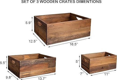 Miniatura 5 de TIMRIS Juego de 3 cajas de madera rústica envejecida anidables, cajas de almacenamiento de madera decorativas de estilo granja, cestas de madera