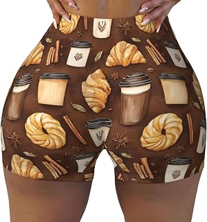 Seamless Workout Shorts Women - Coffee Breakfast Print Running Biker Gym Yoga Spandex Shorts for Women