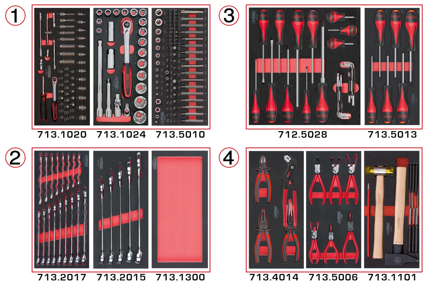 KS Tools 714.0241 - Composition d'outils 4 tiroirs pour servante - Empreinte des outils découpée au laser - Résistant aux huiles et produits chimiques - Mousse imputrescible - 241 pièces
