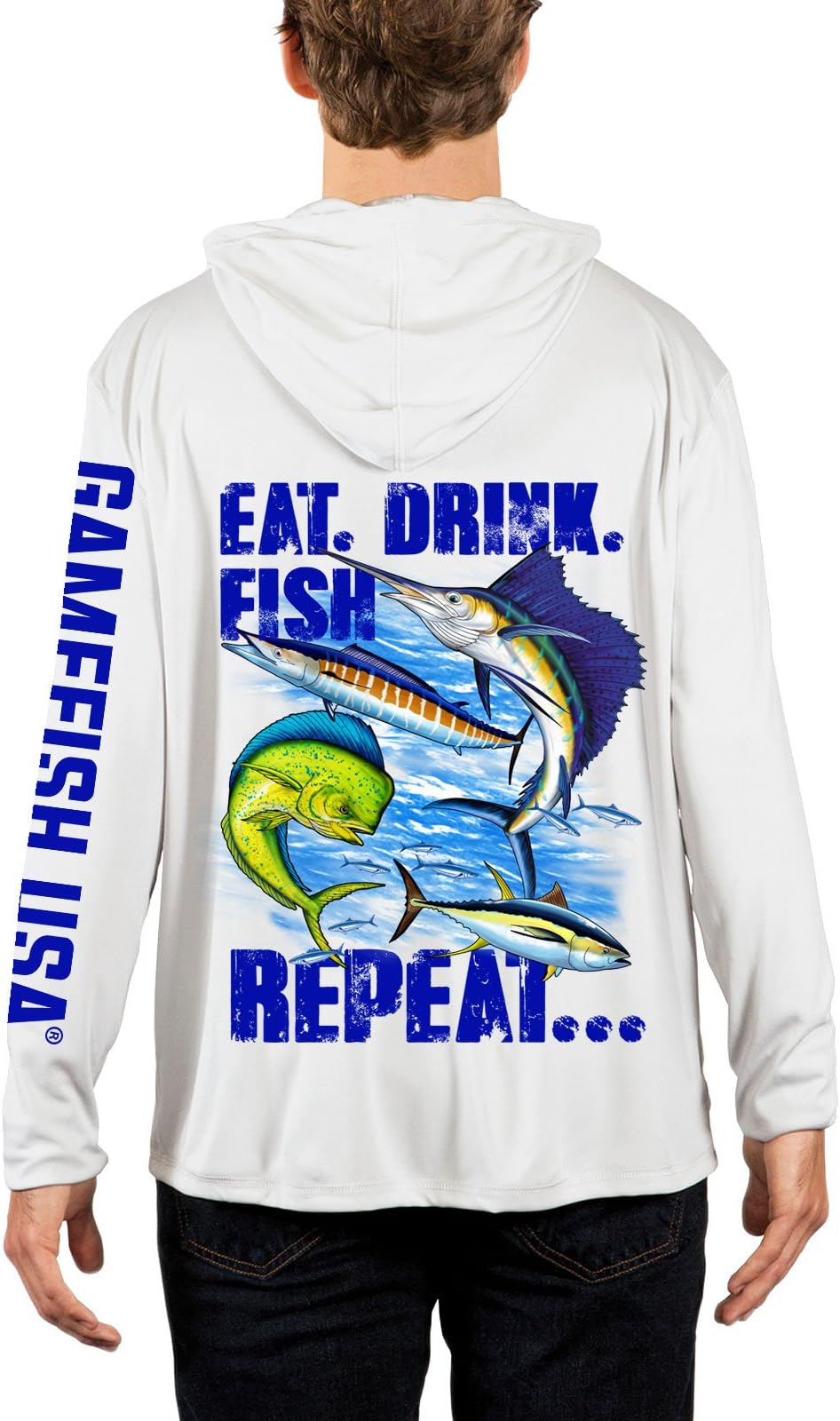 UPF 50 Long Sleeve Performance Fishing Hoodie Eat Drink Fish Repeat Gamefish