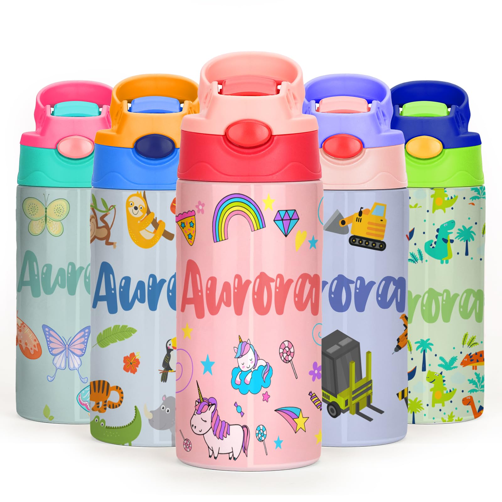 Personalized Water Bottles for Kids, 12oz Custom Name Water Bottle with Straw & Handle, Insulated 304 Stainless Steel Reusable Waterbottle Gifts for School Girls Boys Men Women