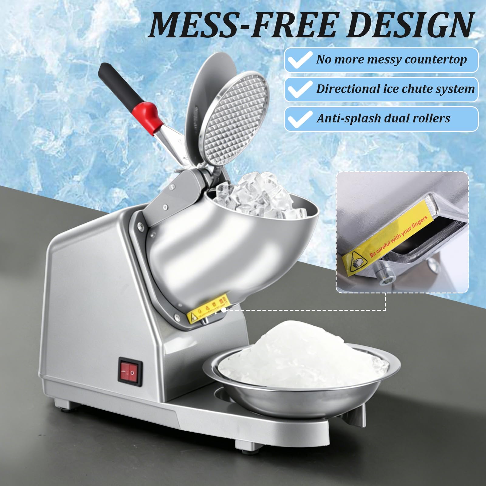 Picadora de Hielo Eléctrica, 380W 2200rpm Trituradora de Hielo 65kg/h con 2 Cuchillas de Acero Inoxidable - Máquina para Granizados, Batidos, Bebidas Frías y Té con Leche