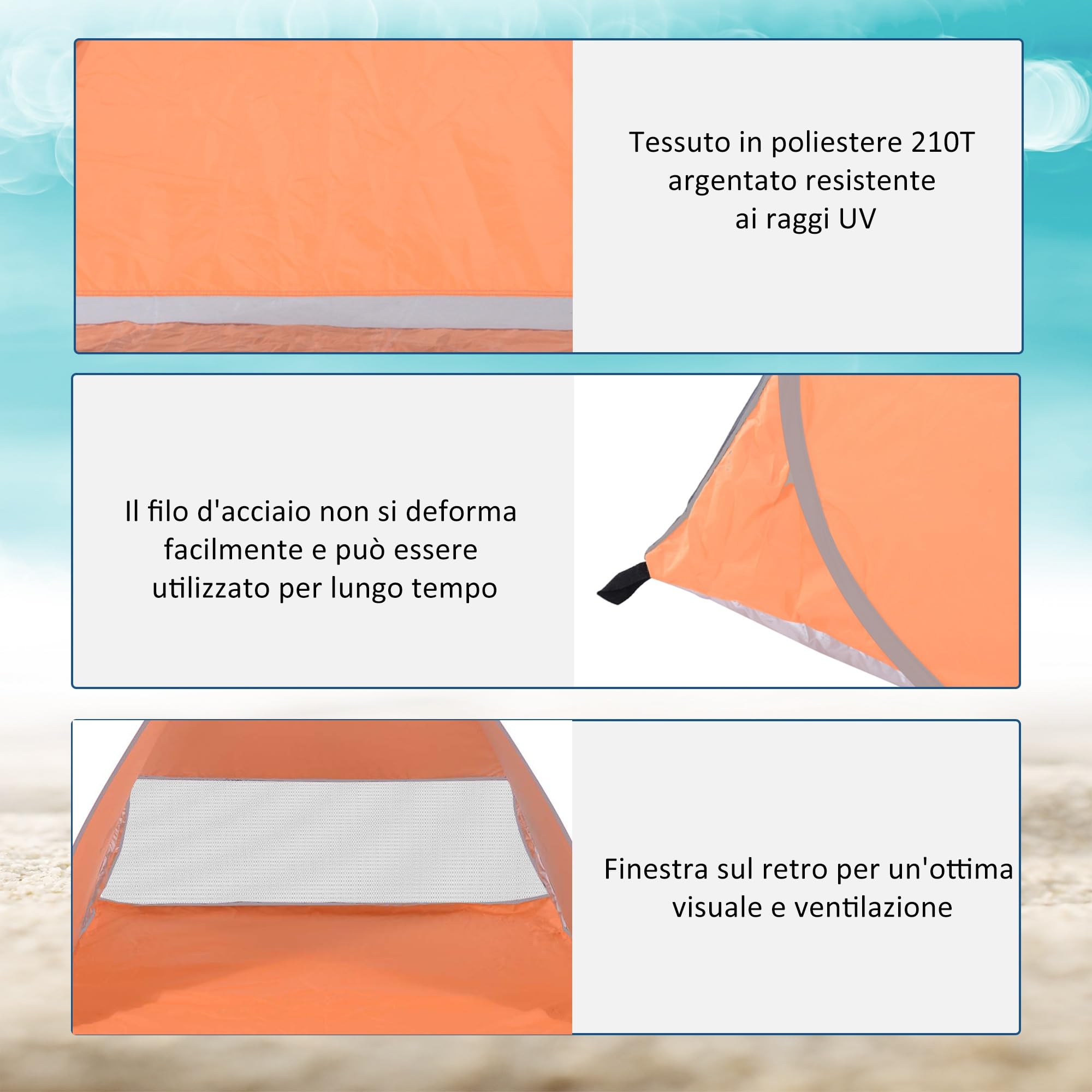 Outsunny Tenda da Spiaggia Pop Up con Protezione UV 30+, Tendalino da Mare Pieghevole con Finestra e Borsa di Trasporto, 200x150x119 cm