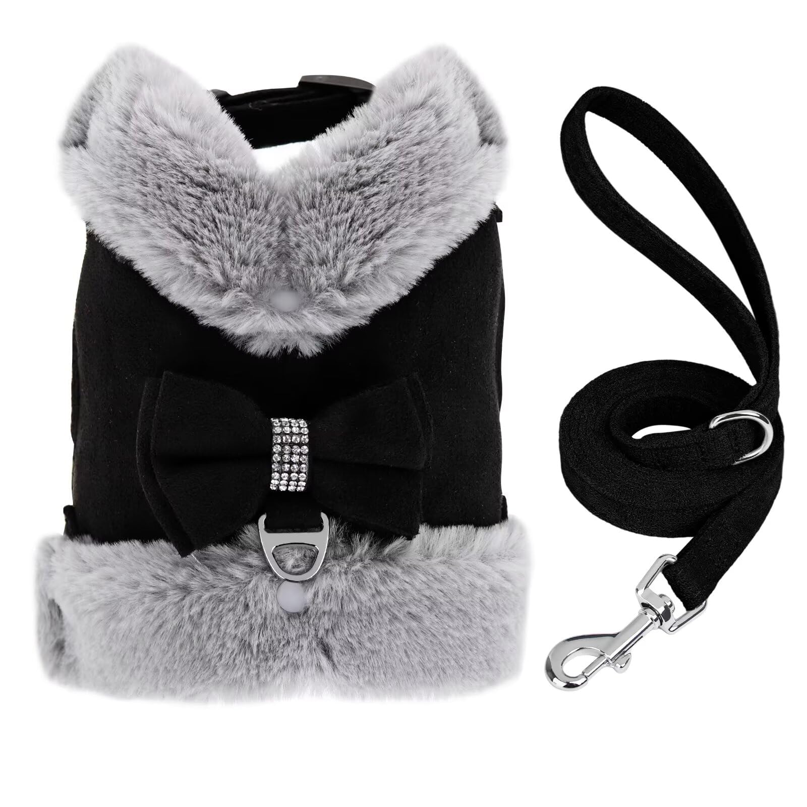 DidogDidog Cute Small Dog Harness and Leash Set, Winter Warm Dog Harness with Bow Tie, Adjustable Soft Padded Puppy Vest with Removable Plush Collar for XS Small Sized Dogs (Black, S)
