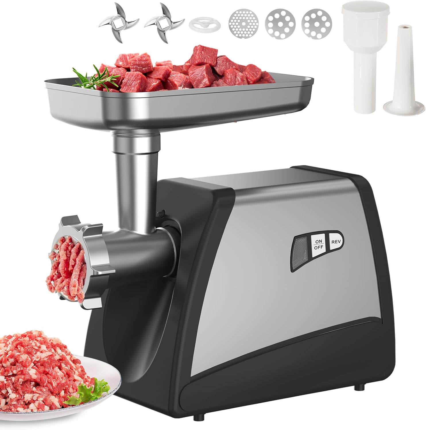 Electric Meat Grinder - 3500W ETL Stainless Steel Sausage Stuffer & Meat Mincer with 3 Plates, 2 Blades, Sausage Tubes Set, Reverse Function - Ideal for Family Meals, BBQ, Burgers, EG508
