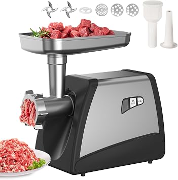 Electric Meat Grinder - 3500W ETL Stainless Steel Sausage Stuffer & Meat Mincer with 3 Plates, 2 Blades, Sausage Tubes Set, Reverse Function - Ideal for Family Meals, BBQ, Burgers, EG508