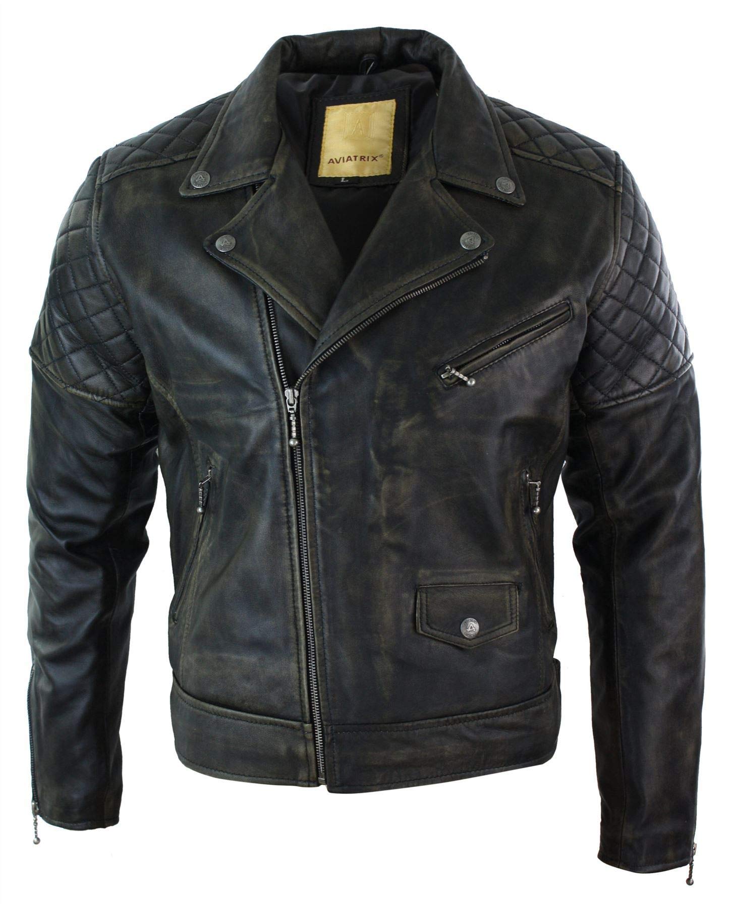 Aviatrix Mens Vintage Washed Tan Brown Real Leather Biker Jacket Cross Zip Retro Casual