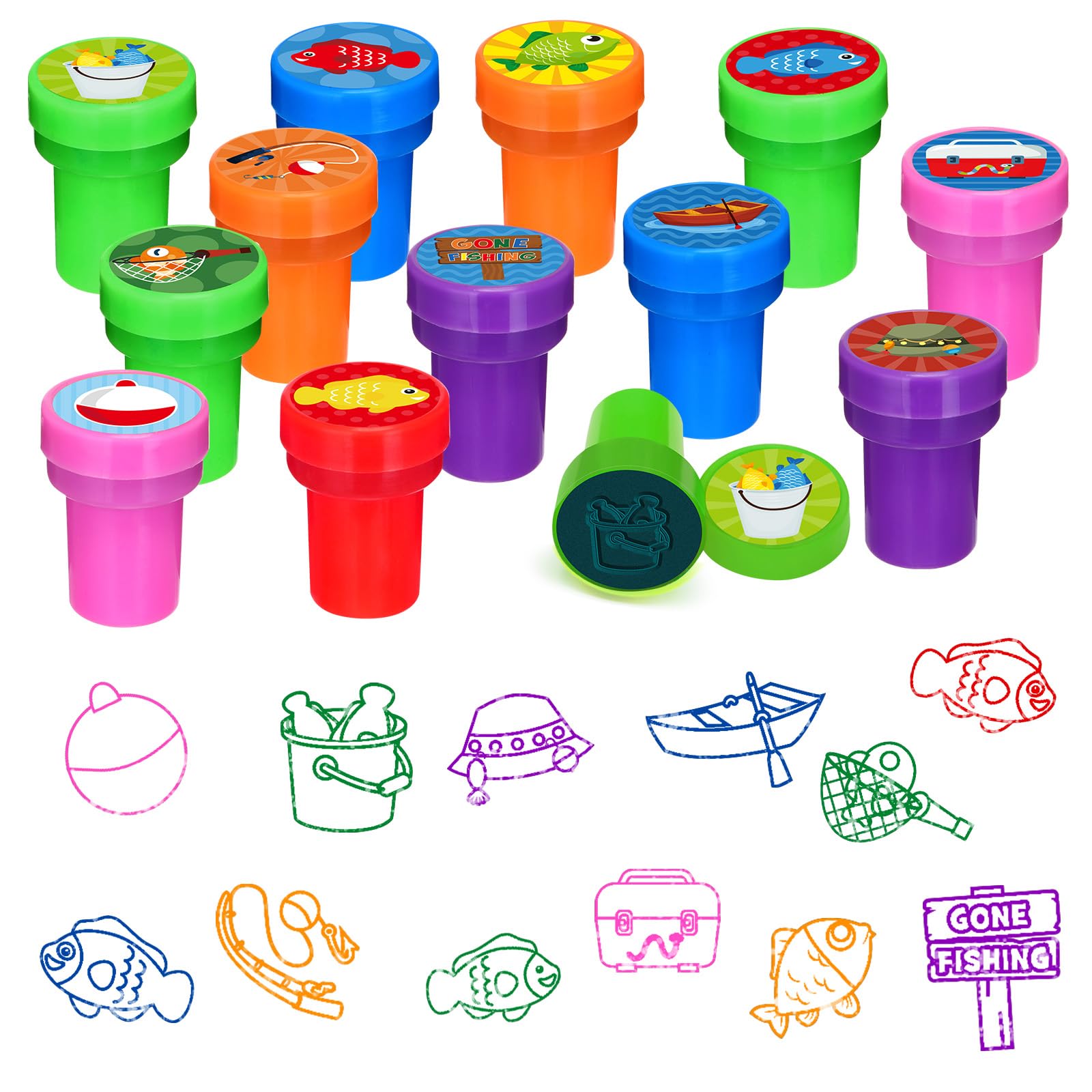 Cinrobiye 24 Pcs Gone Fishing Stampers Party Favor Set, Cute Fishing Theme Stamps for Kids Birthday Party, Classroom Rewards, Carnival Prizes, Goody Bag Fillers, Outdoor Adventure Party Supplies — image 1