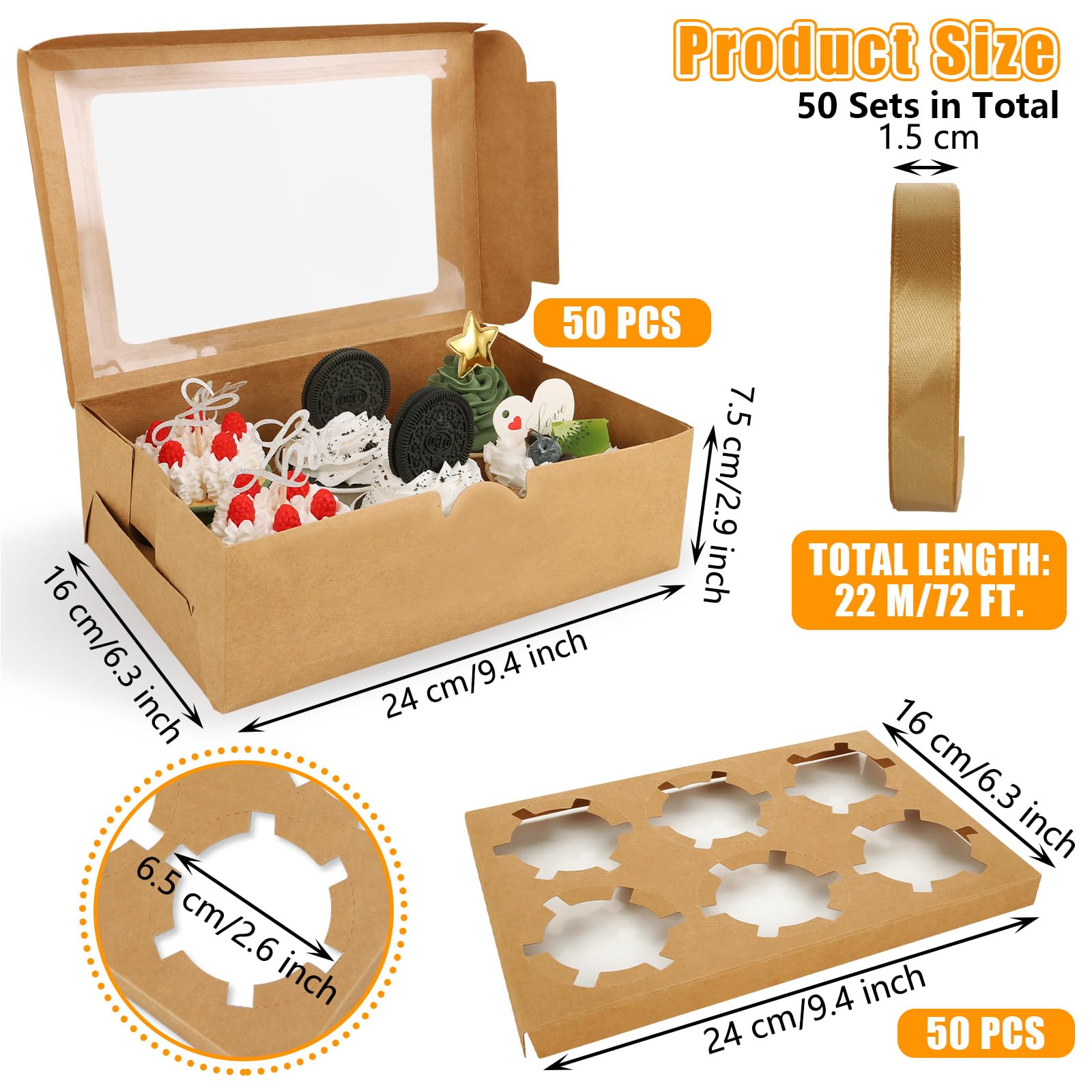 ZOFUN 50 Pack Kraft Cupcake Boxes 6 Hole, 24 x 16 x 7.5cm Cup Cakes Boxes with 2 Rolls Ribbon - Image 2
