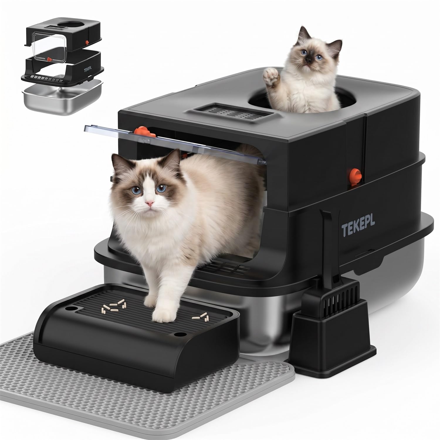 Lettiera per gatti in acciaio inox con coperchio, lettiera extra large per gatti di grandi dimensioni, lettiera in metallo con lato alto chiuso e paletta, facile da pulire, ingresso dall'alto