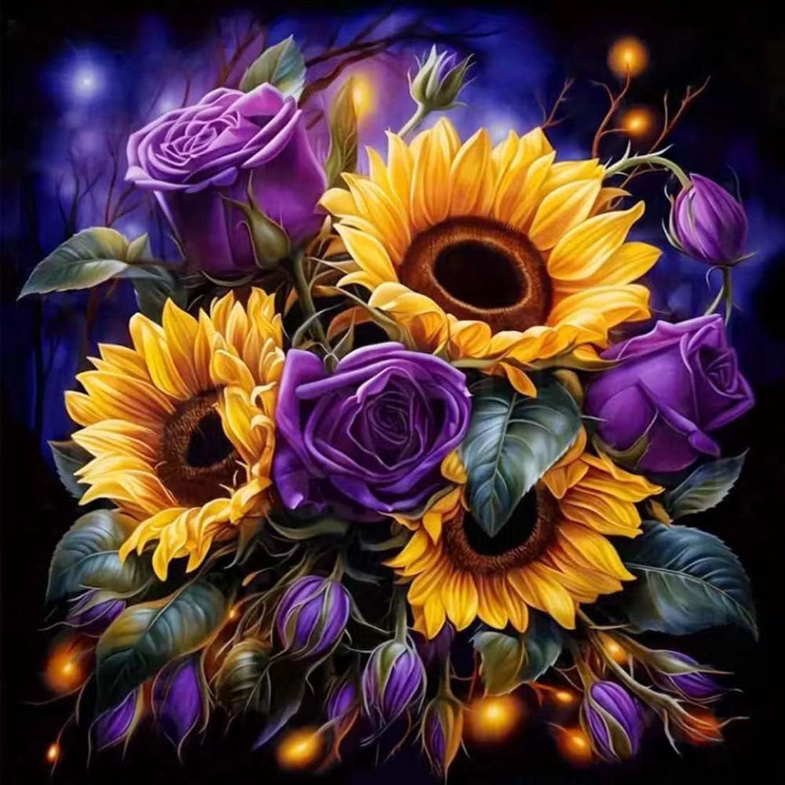 5D Diamond Painting Kits For Adults,Purple Rose Sunflower Flowers Diamond Art Kits For Adults Diamond Dots DIY Round Full Drill Diamonds Flower Gem Art Kits For Adults For Home Wall Decor 12x12inch