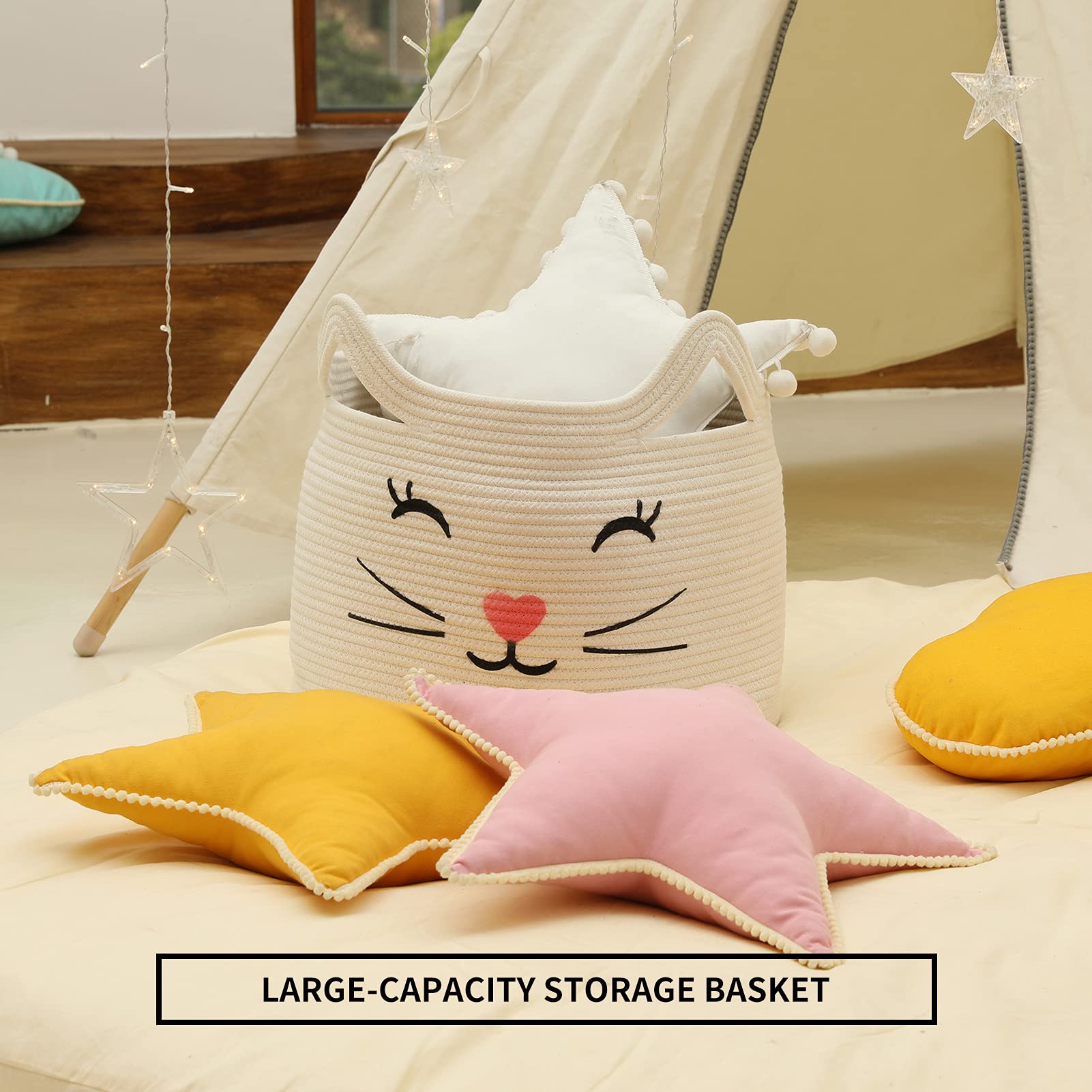 ZLG Cat Face Baby Basket - Handmade Standing Basket With Handles For Nursery