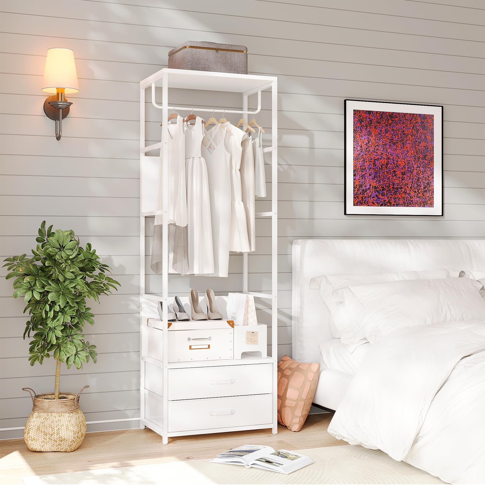 VOWNER Porte Manteau Meuble Entrée Portant Vetement 2 Tiroirs 4-en-1 | Cadre en acier avec tringle et étagères, 60 x 40 x 180 cm pour couloir, chambre