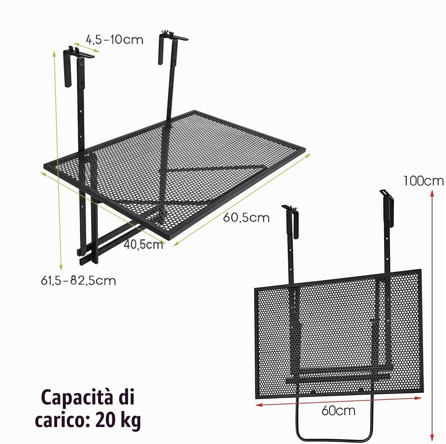 RELAX4LIFE Tavolino da Balcone, Tavolo da Giardino Pieghevole in Metallo, Altezza 5 Regolabile con Ganci, Tavolo Sospeso Portata 20kg, per Ringhiera Interno/Esterno, Nero (60,5x50,5x83cm)
